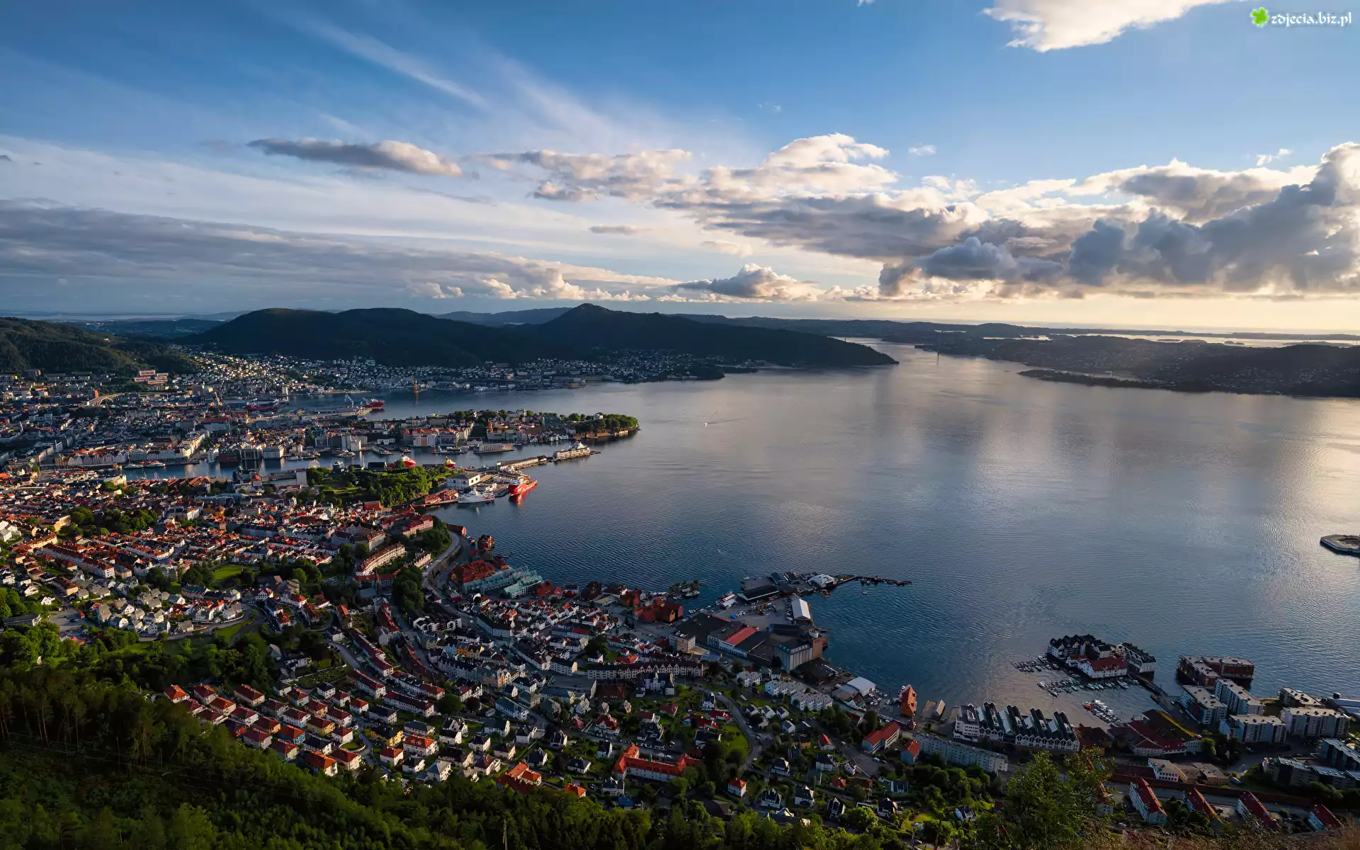 Norwegia, Bergen, Morze, Domy, Góry