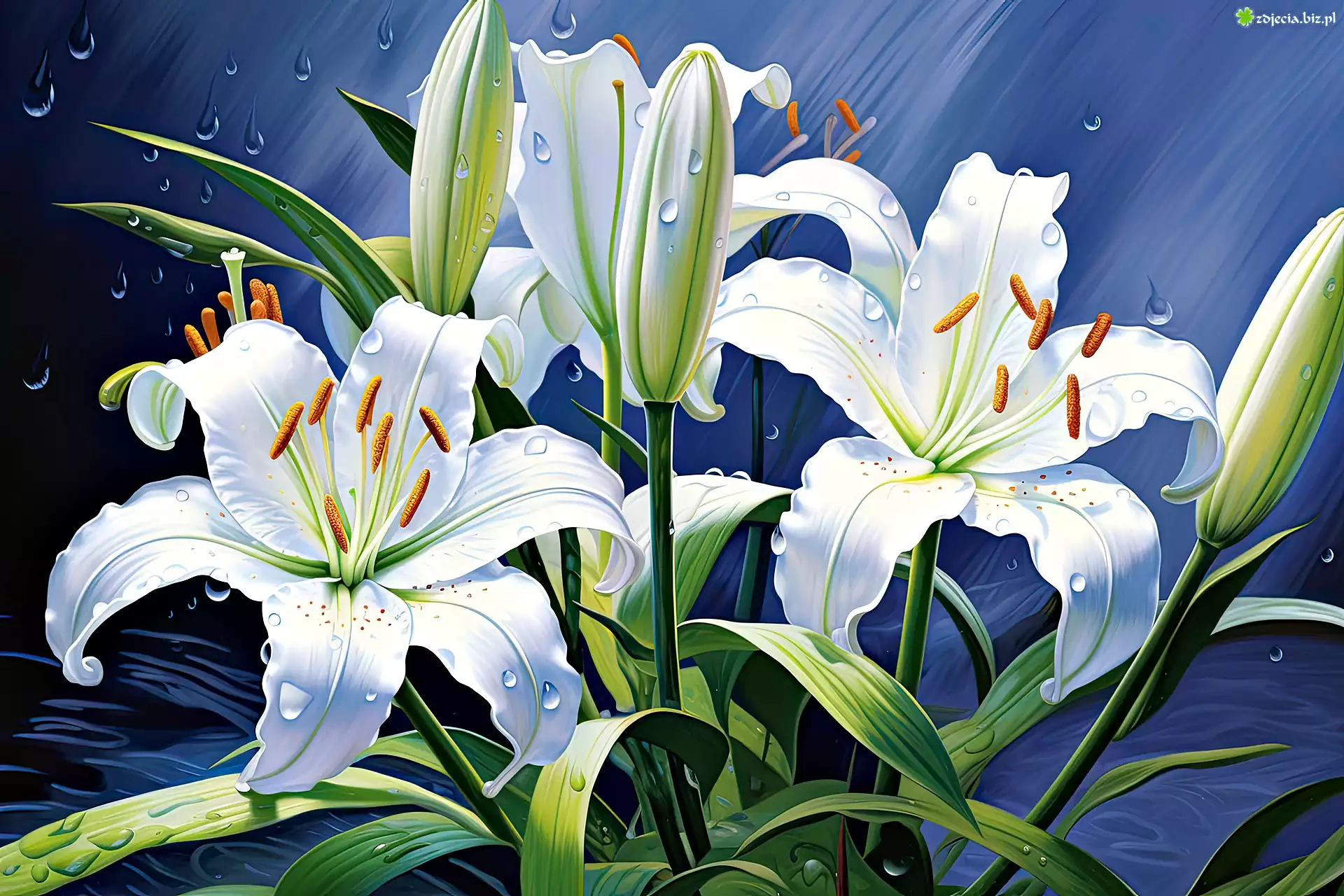 Kwiaty, Białe, Lilie, Krople, Grafika