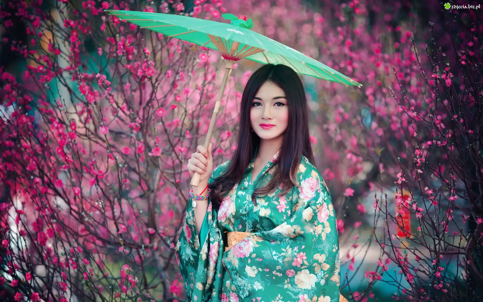 Brunetka, Kobieta, Makijaż, Kimono, Kwiaty, Parasolka