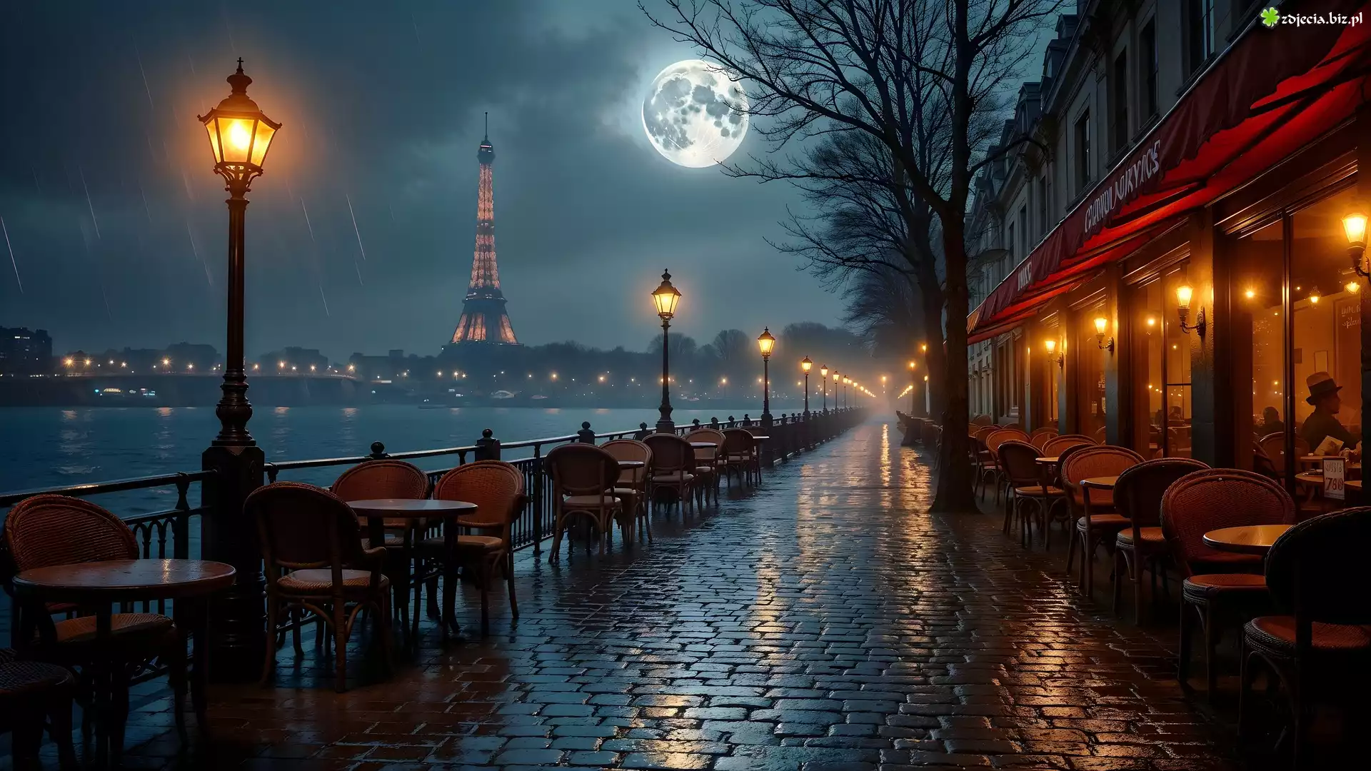 Bulwar, Restauracja, Latarnie, Deszcz, Noc, Paryż, Francja, Grafika AI