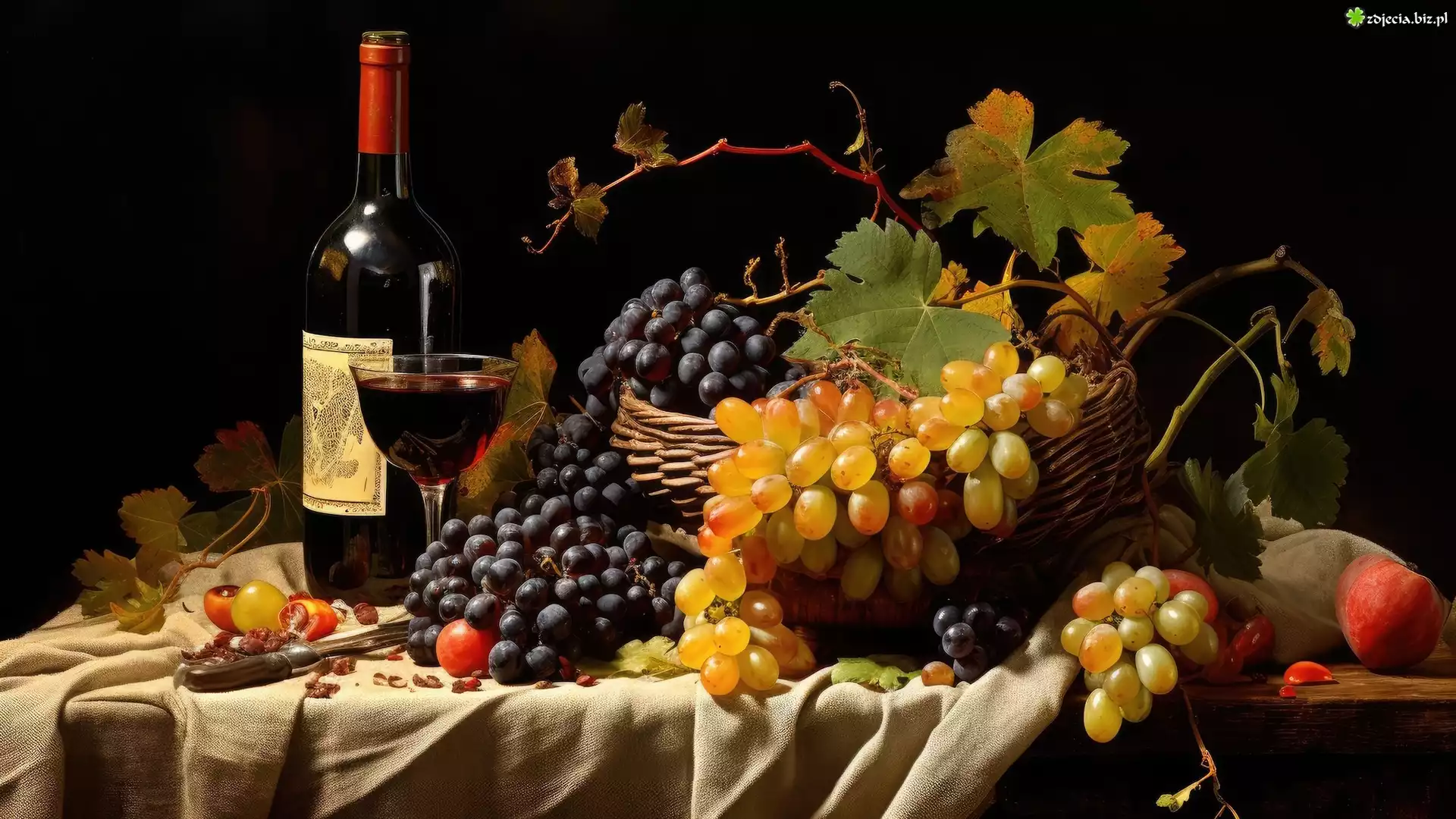 Kompozycja, Winogrona, Kosz, Butelka, Wino, Liście, Materiał