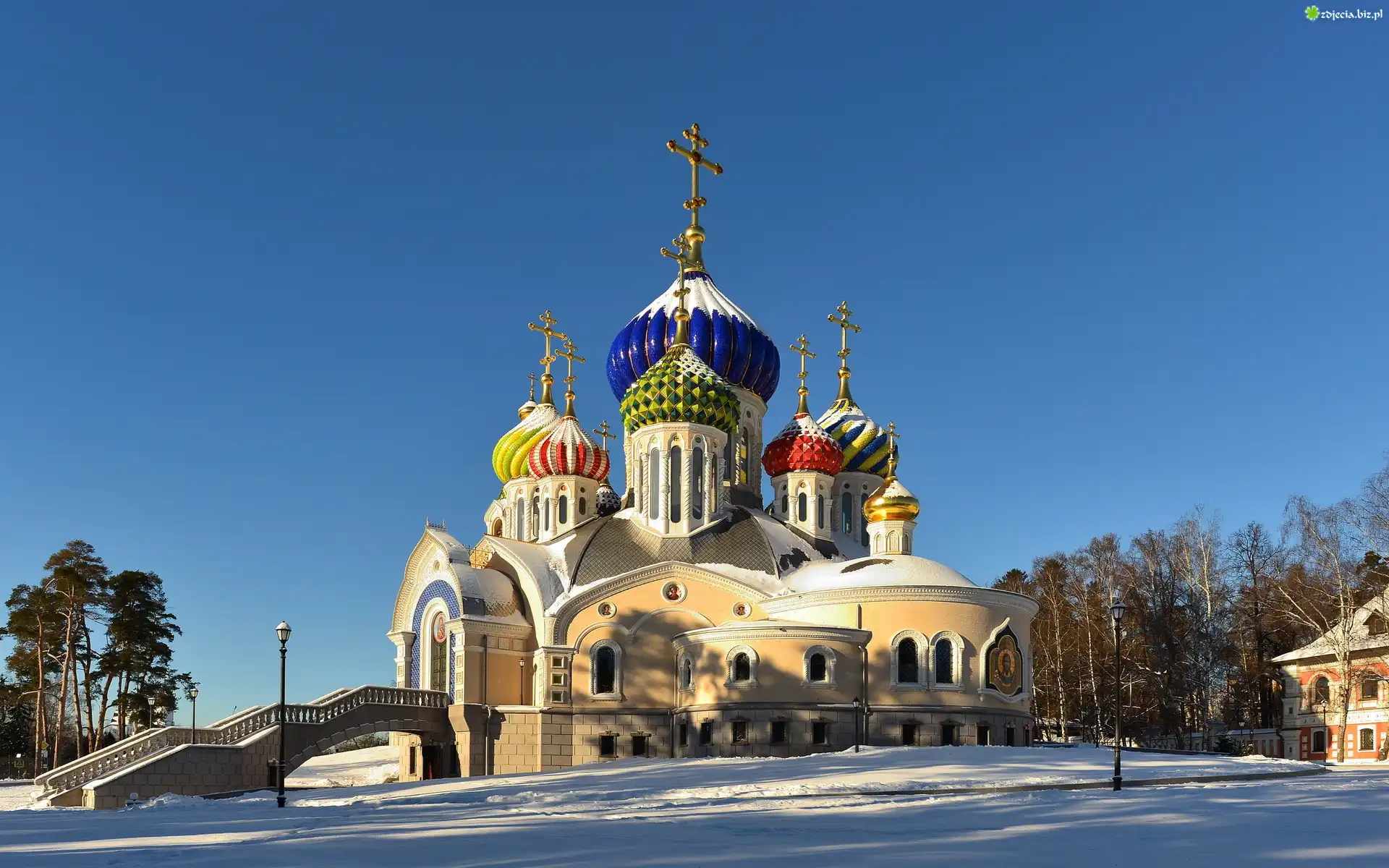 Cerkiew, Kopuła, Śnieg, Drzewa