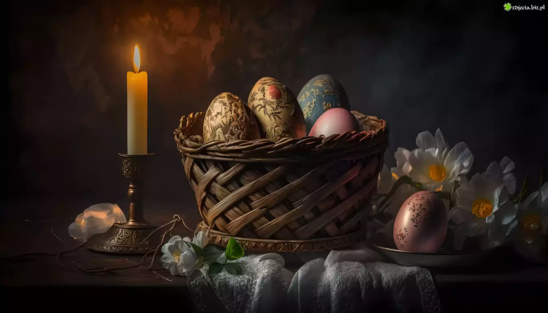 Koszyk, Świeczka, Pisanki, Ciemne tło, Wielkanoc