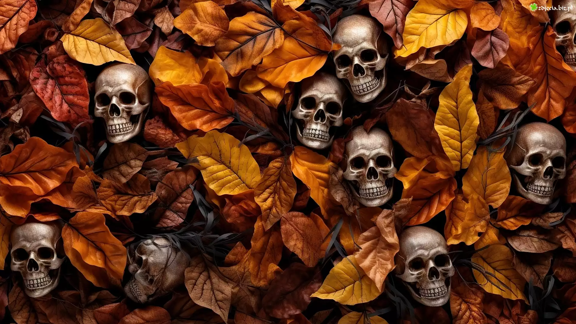 Halloween, Czaszki, Liście, Grafika AI