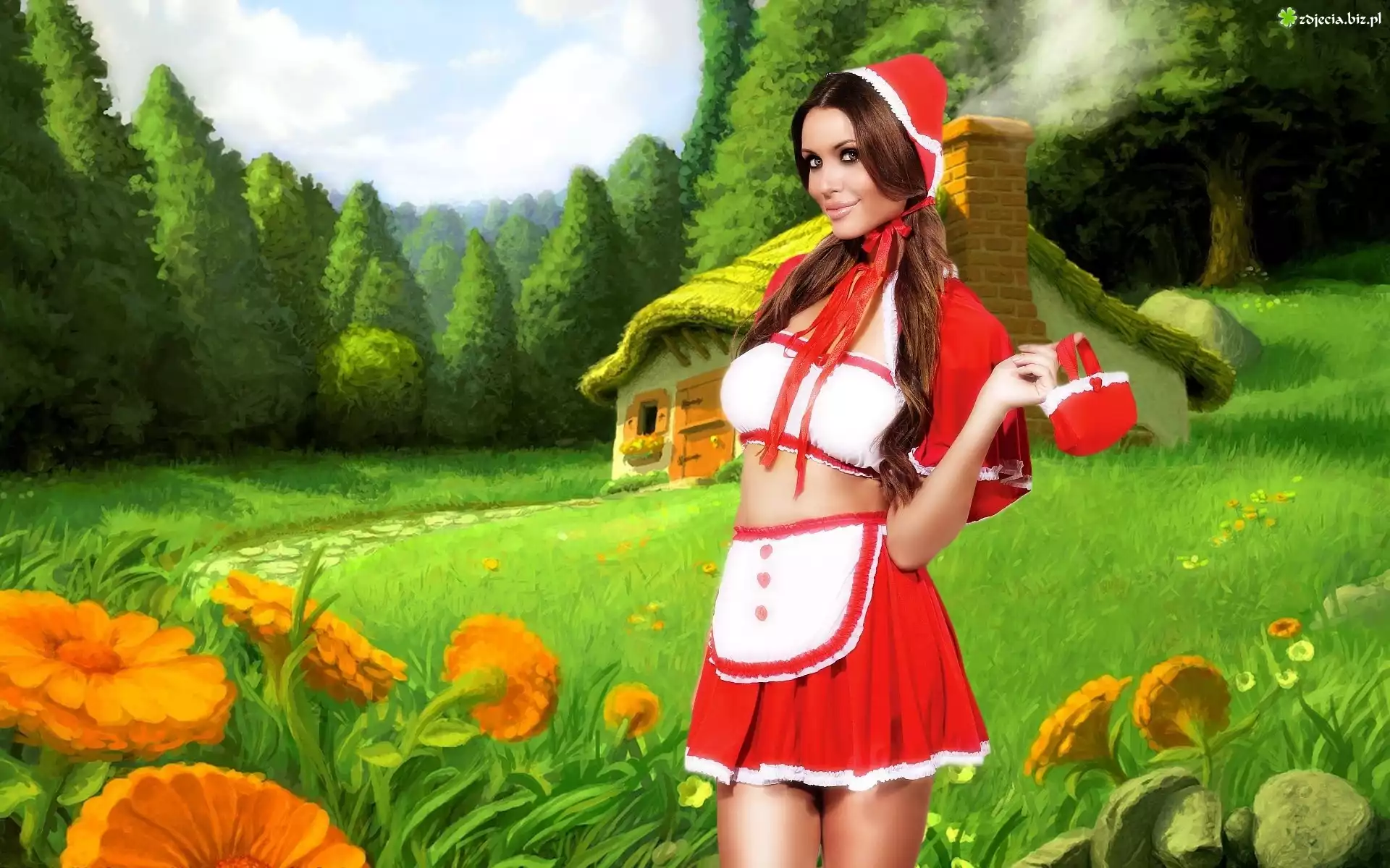 Kobieta, Czerwony Kapturek, Cosplay, Chatka, Las, Kwiaty