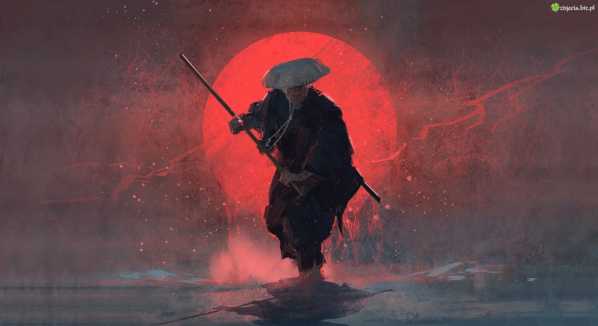 Paintography, Digital art, Samuraj, Kij bo, Zachód słońca