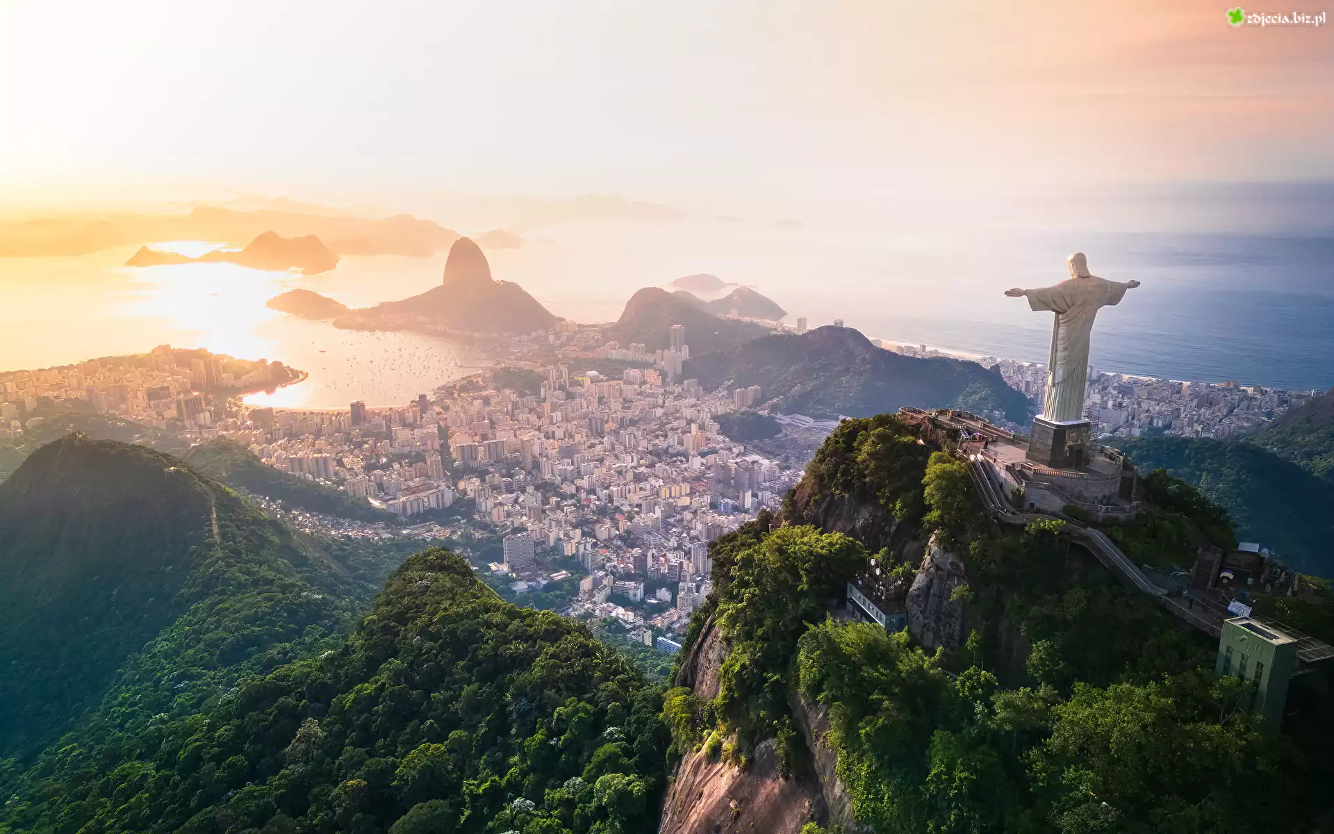 Brazylia, Rio de Janeiro, Ocean, Mgła, Domy, Góry, Statua Chrystusa Zbawiciela