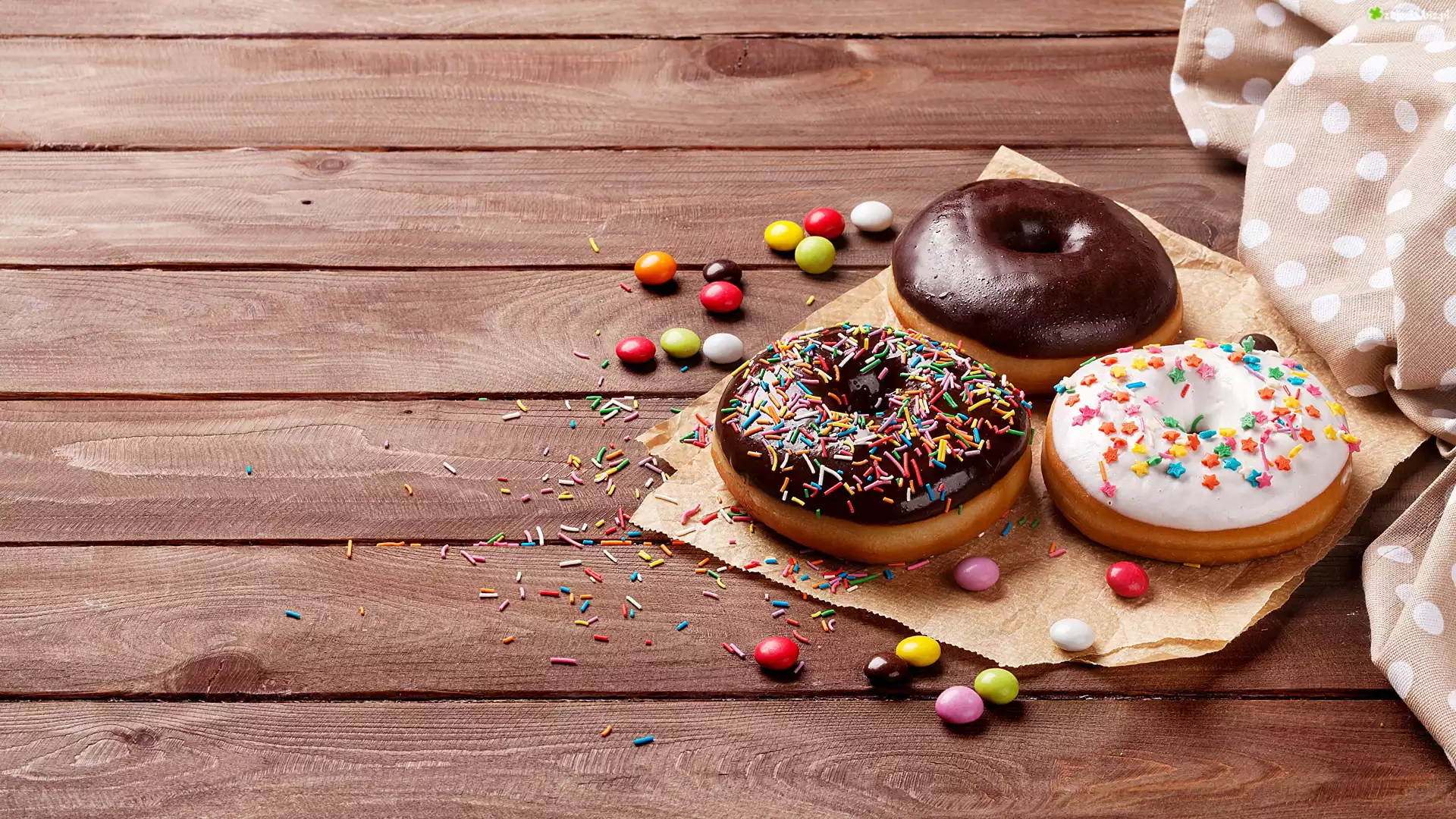 Pączki, Donuty, Papier, Kolorowe, Cukierki, Ścierka, Deski