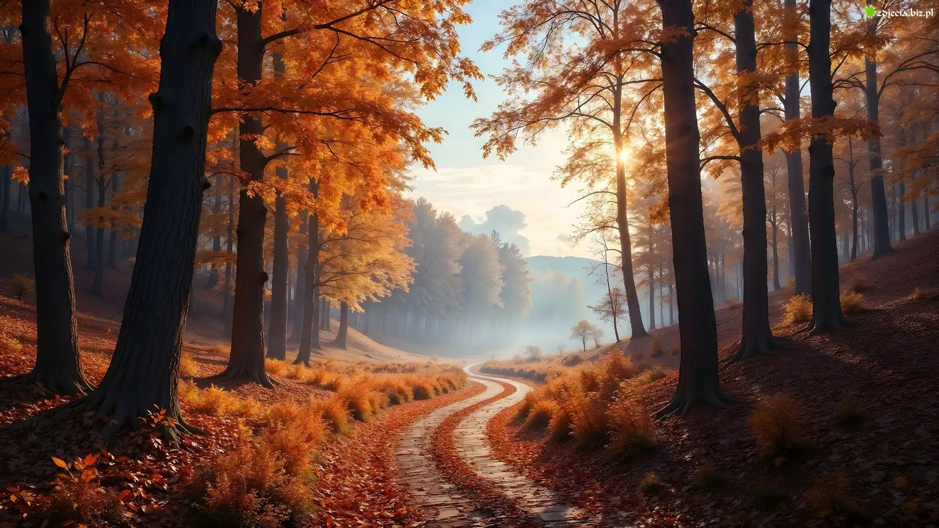 Jesień, Las, Drzewa, Droga, Grafika AI