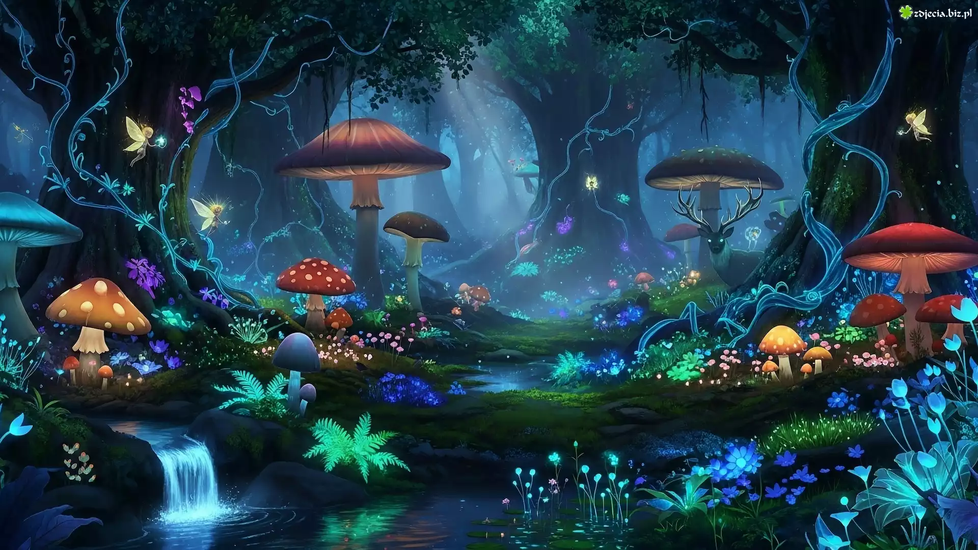 Las, Drzewa, Grzyby, Kwiaty, Fantasy