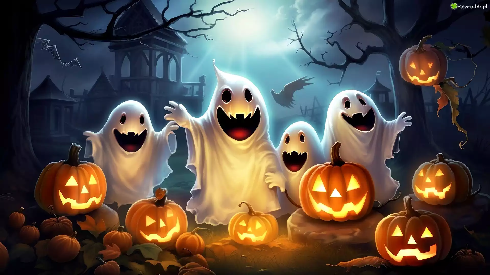 Halloween, Dynie, Wesołe, Duchy, Noc, Grafika
