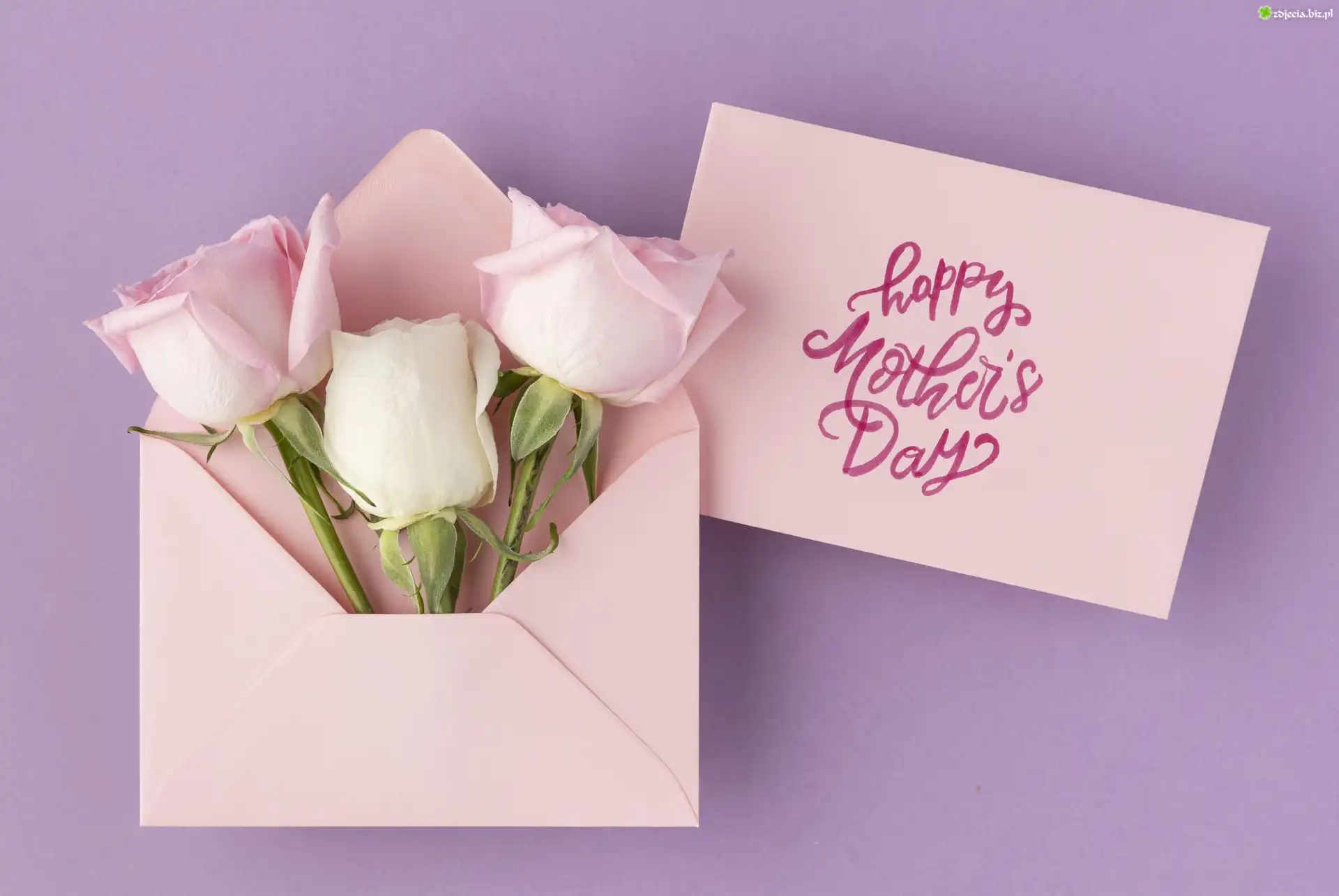 Dzień Matki, Różowa, Kartka, Napis, Happy Mothers Day, Koperta, Kwiaty, Róże, Fioletowe, Tło