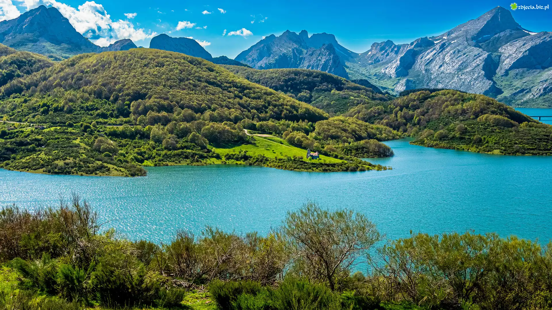 Hiszpania, Jezioro Embalse, Drzewa, Góry, Picos de Europa