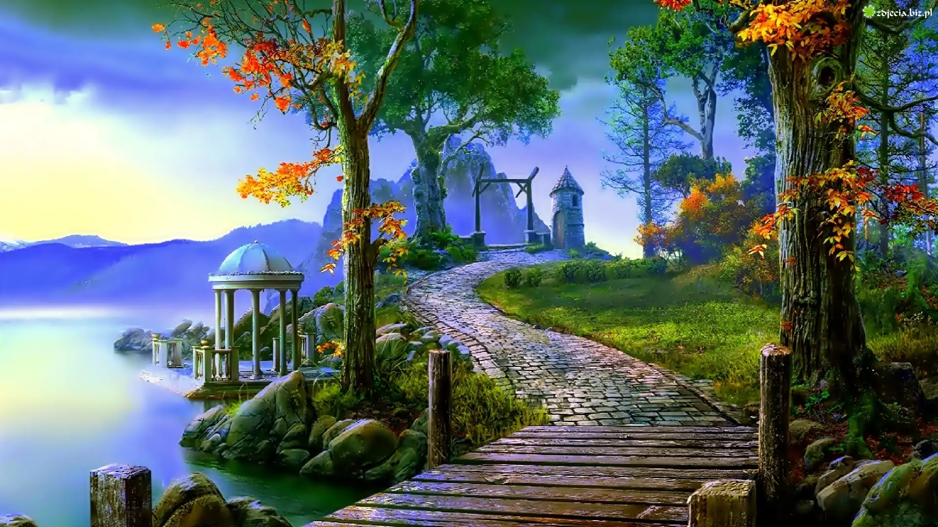 Fantasy, Jezioro, Góry, Drzewa, Schody