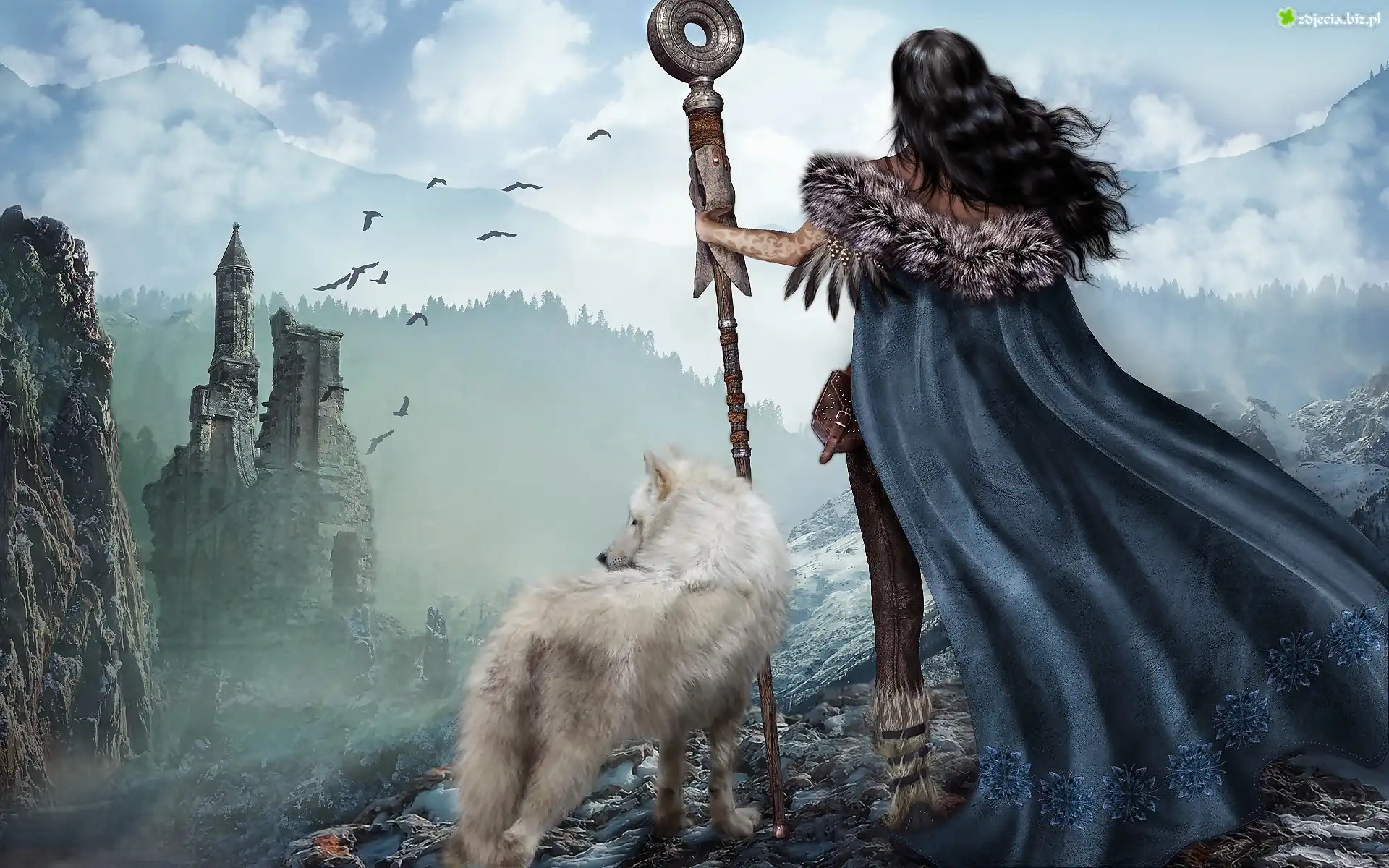 Fantasy, Dziewczyna, Biały, Wilk, Góry, Ruiny