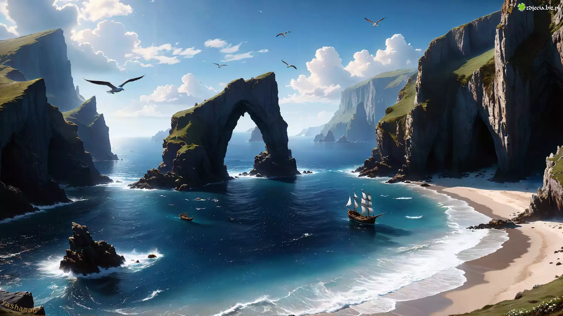 Grafika, Morze, Plaża, Skały, Zatoka, Ptaki, Żaglowiec Fantasy