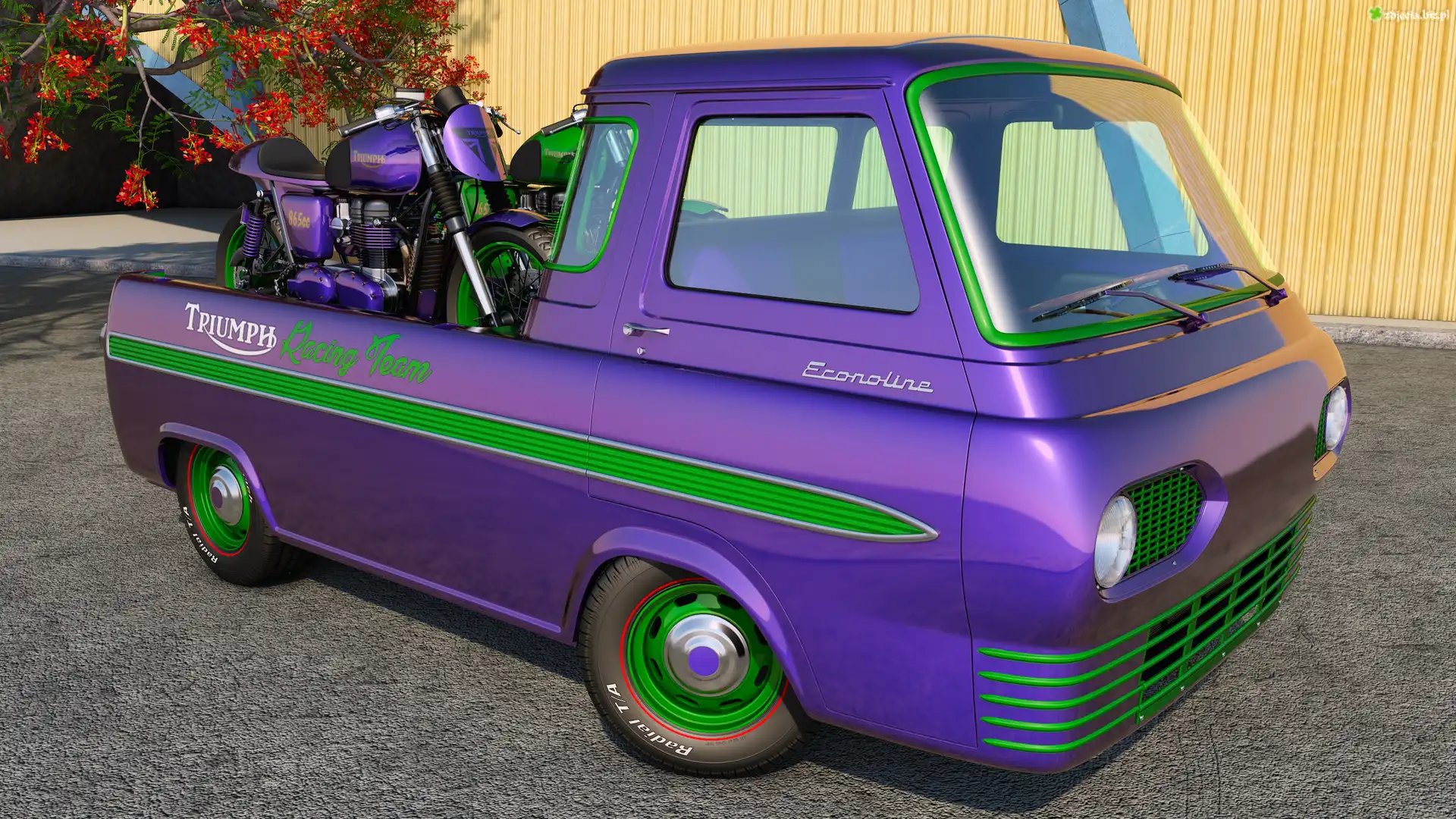 Fioletowy, Ford Econoline Pickup, Motocykle