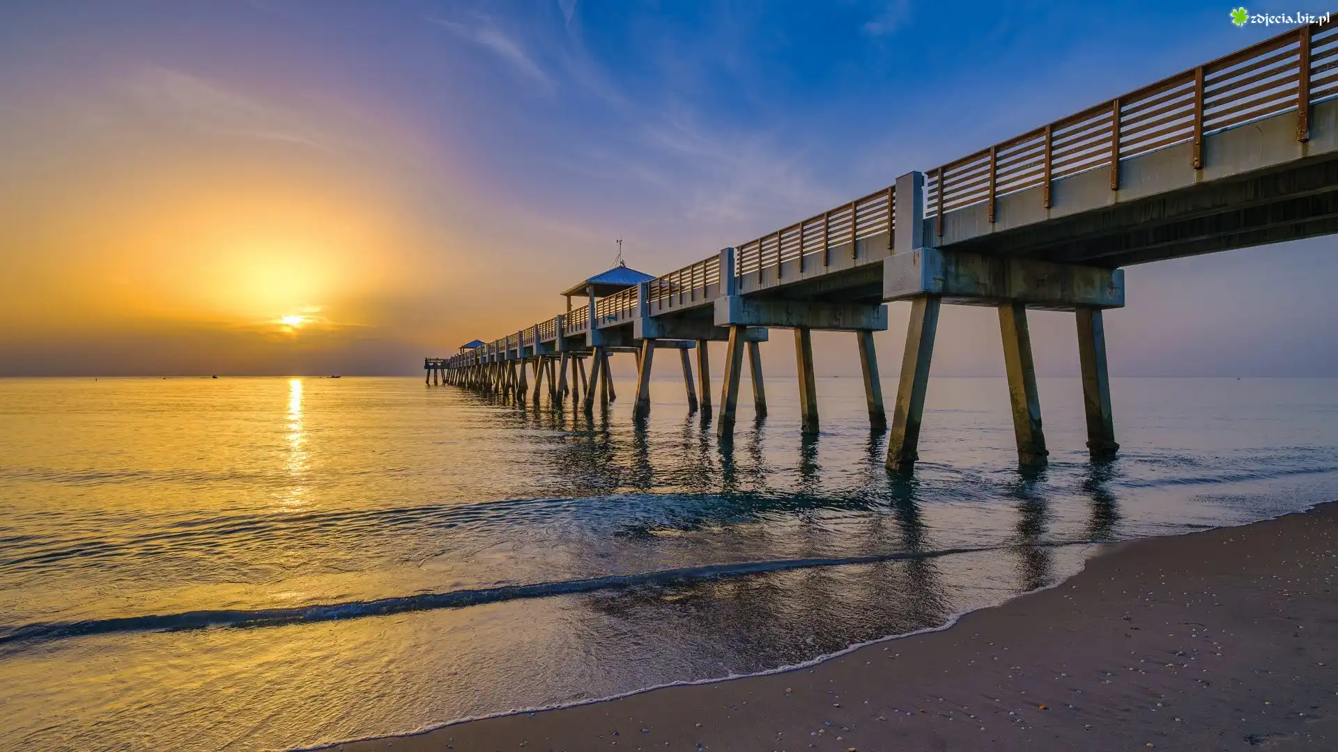 Morze, Molo, Juno Beach Pier, Wschód słońca, Juno Beach, Floryda, Stany Zjednoczone