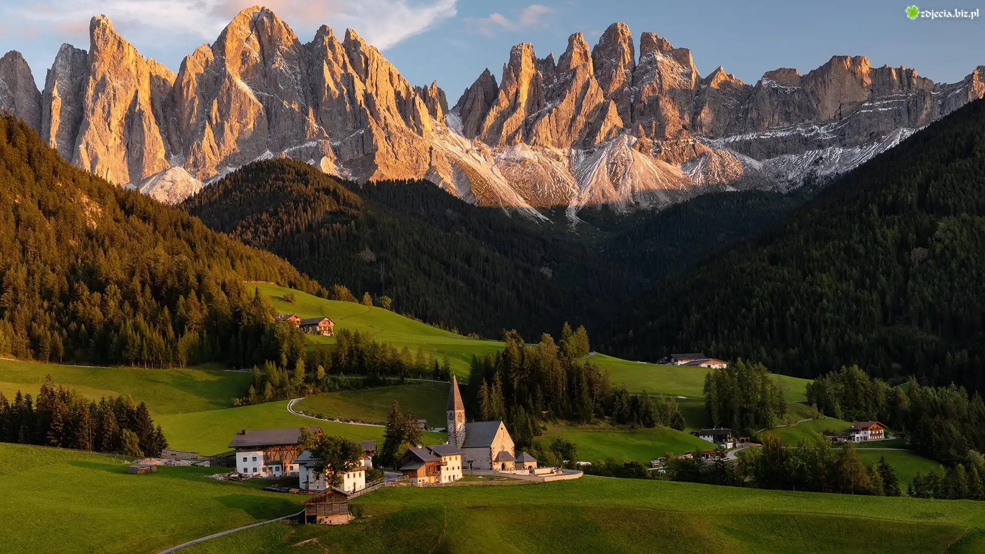Włochy, Dolina, Val di Funes, Wieś, Santa Maddalena, Góry, Dolomity, Lasy, Drzewa, Domy, Kościół