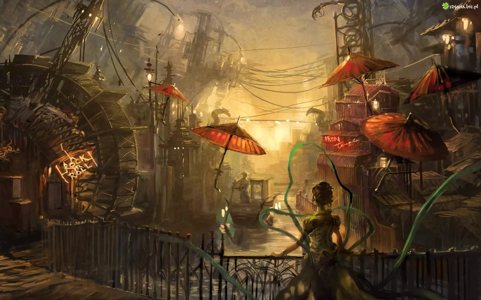 Kobieta, Gondola, Parasolki, Miasto, Fantasy