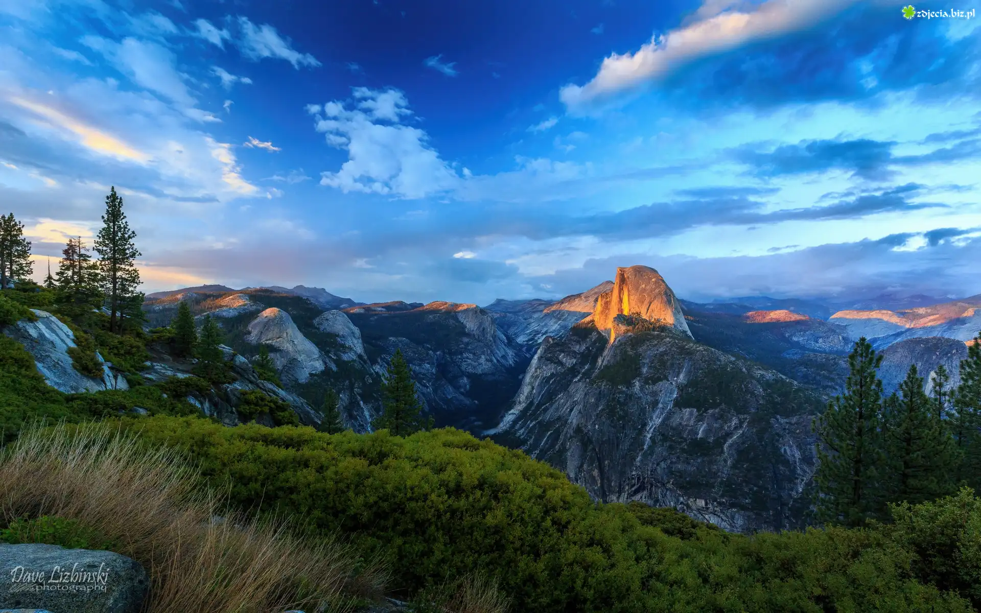 Góry, Rozświetlona, Góra, Half Dome, Park Narodowy Yosemite, Kalifornia, Stany Zjednoczone