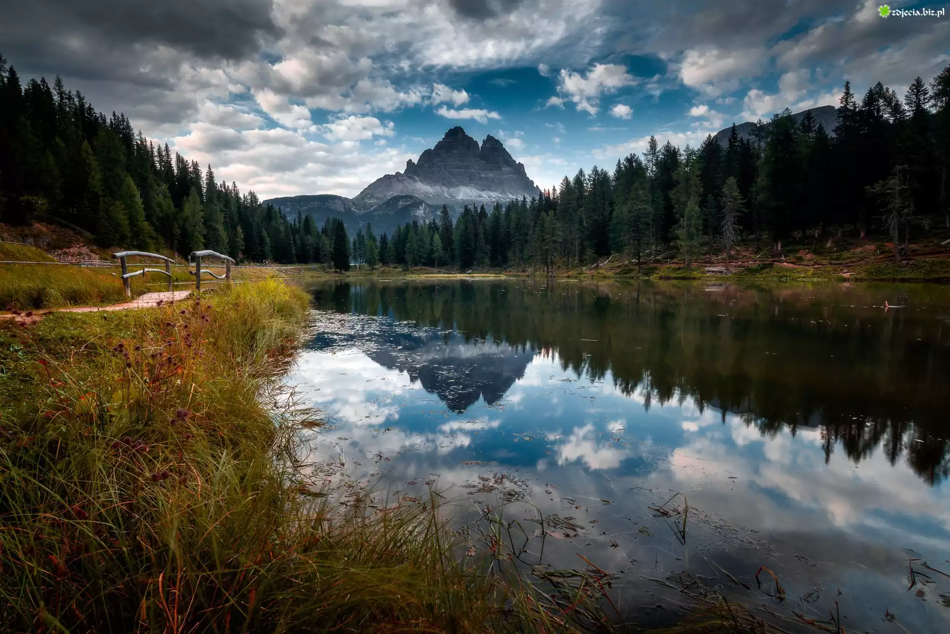 Góry Dolomity, Masyw Tre Cime di Lavaredo, Jezioro Antorno Lake, Lasy, Mostek, Prowincja Belluno, Włochy