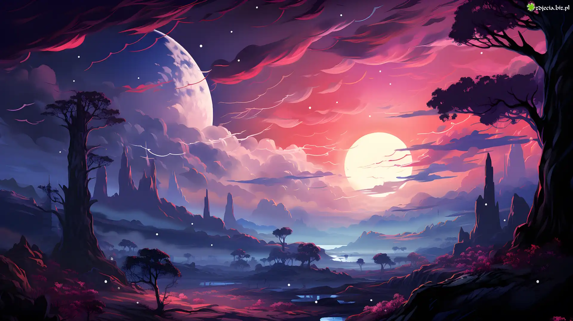 Księżyc, Niebo, Chmury, Góry, Planeta, Fantasy