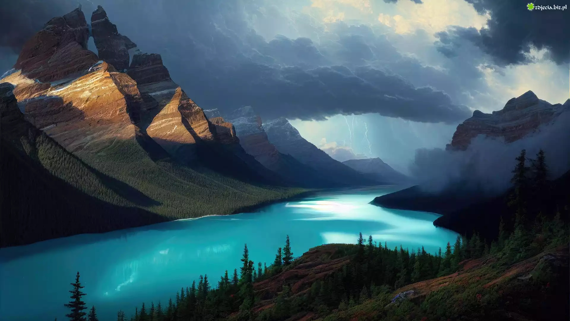 Park Narodowy Banff, Jezioro, Peyto Lake, Góry, Lasy, Chmury, Alberta, Kanada
