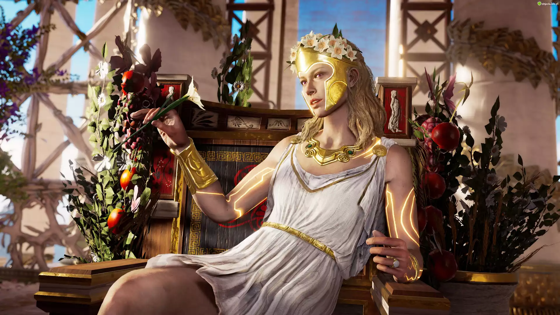 Kobieta, Blondynka, Kwiaty, Gra, Assassins Creed Odyssey