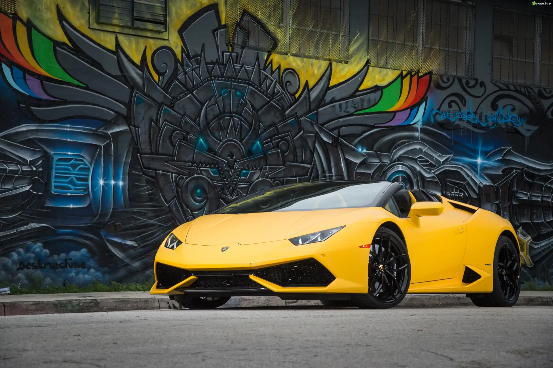 Żółte, Lamborghini Huracan LP 610-4 Spyder, Ściana, Graffiti