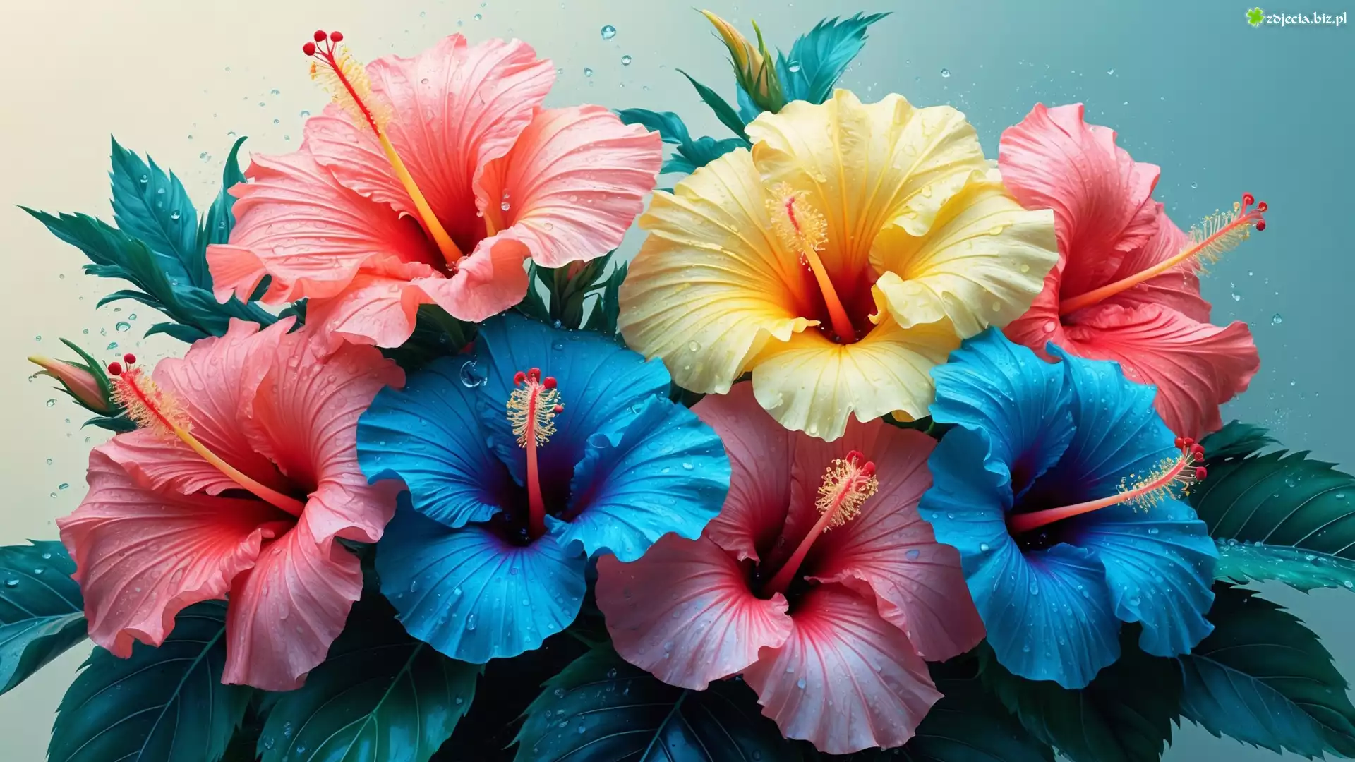 Kwiaty, Hibiskusy, Różowe, Niebieskie, Żółty, Liście, Krople, Grafika