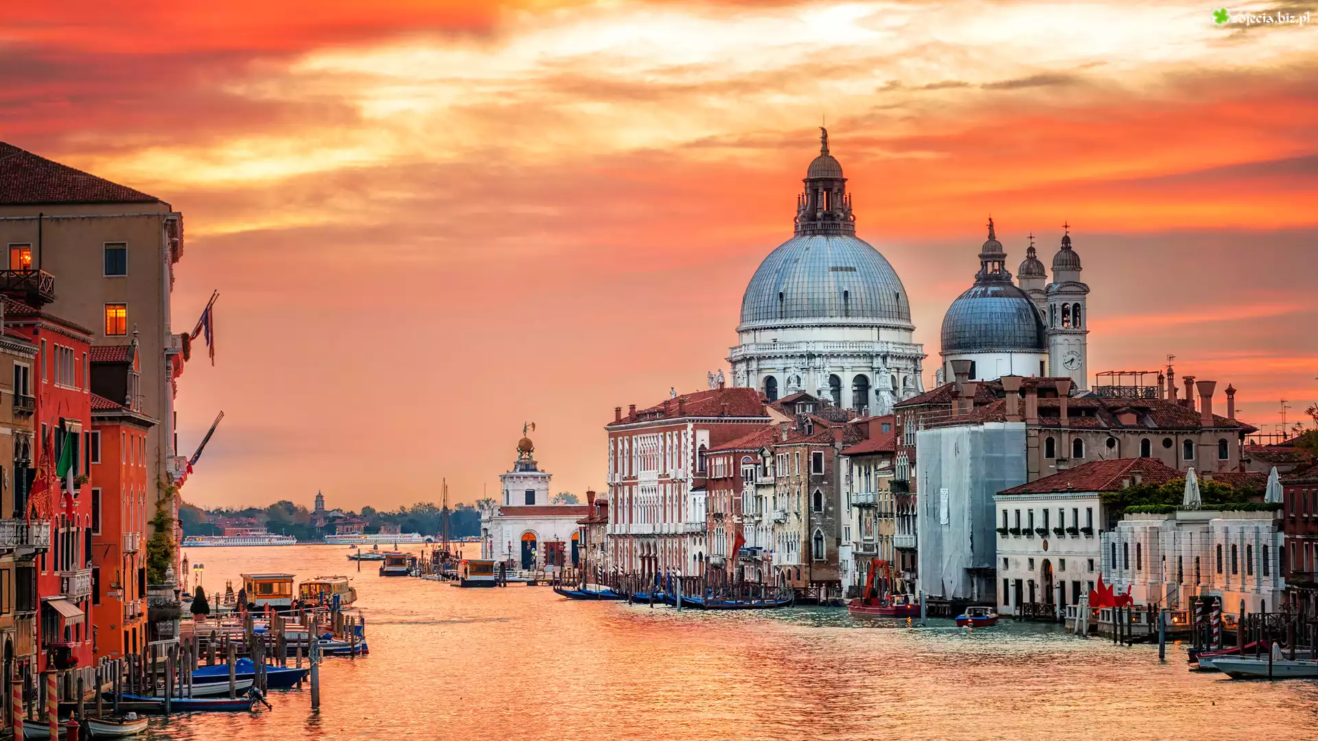 Włochy, Wenecja, Kanał Canal Grande, Bazylika św. Marka, Domy, Zachód słońca