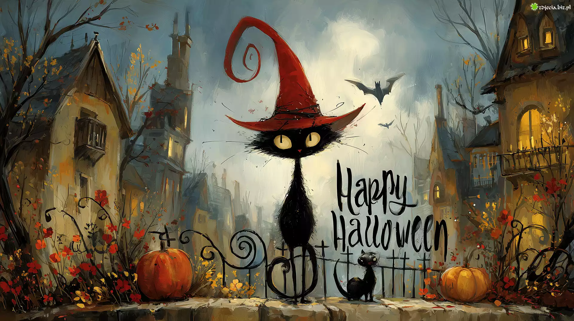 Kot, Dynie, Domy, Halloween, Grafika AI