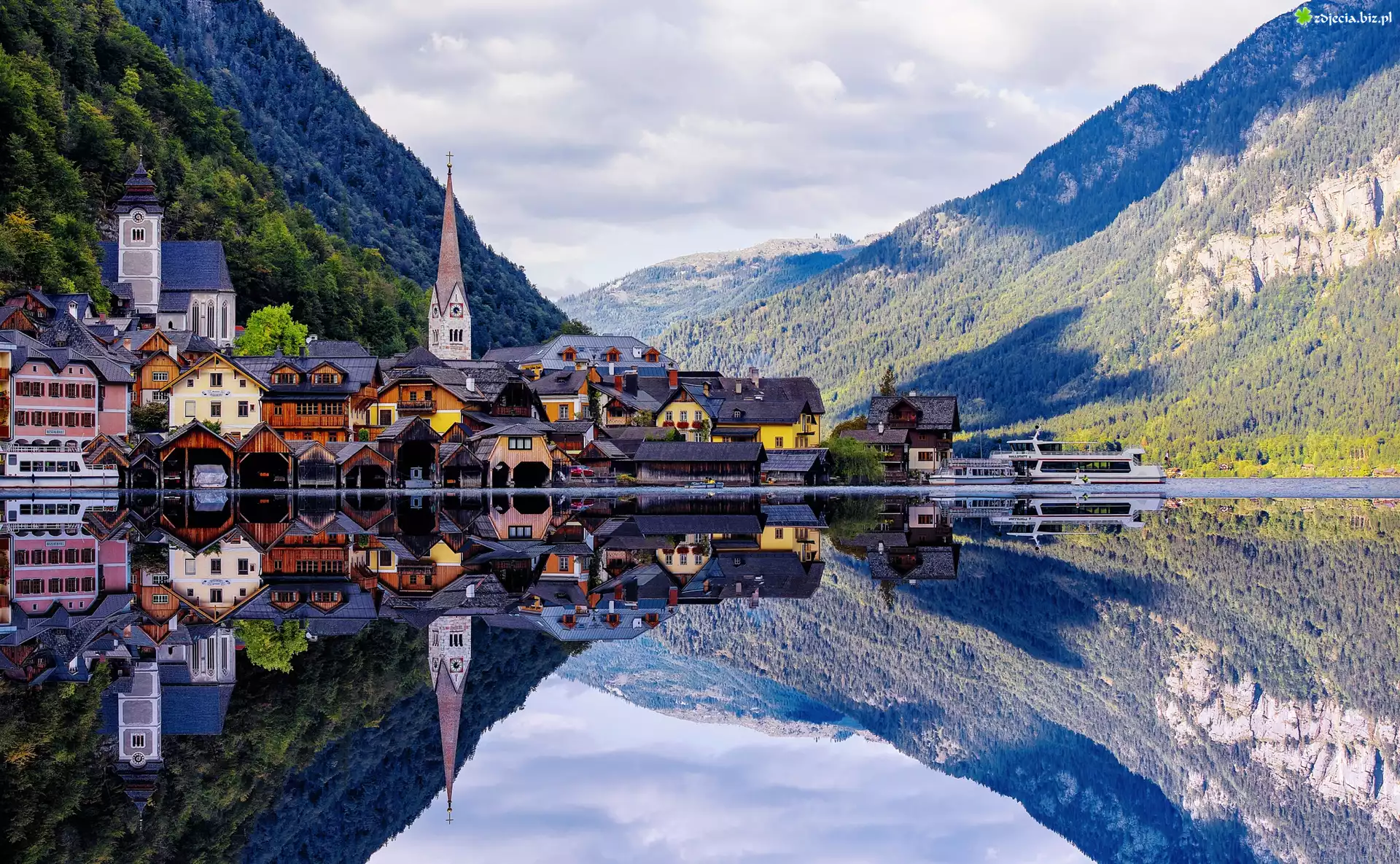 Hallstatt, Austria, Jezioro, Góry Alpy, Odbicie