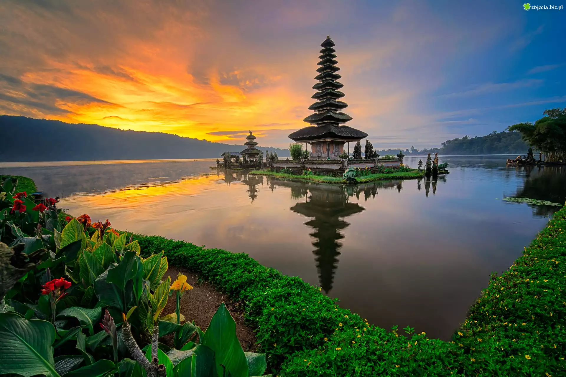 Indonezja, Bali, Świątynia Pura Ulun Danu Bratan, Jezioro Bratan, Góry, Kwiaty, Kanna, Drzewa, Wschód słońca, Mgła