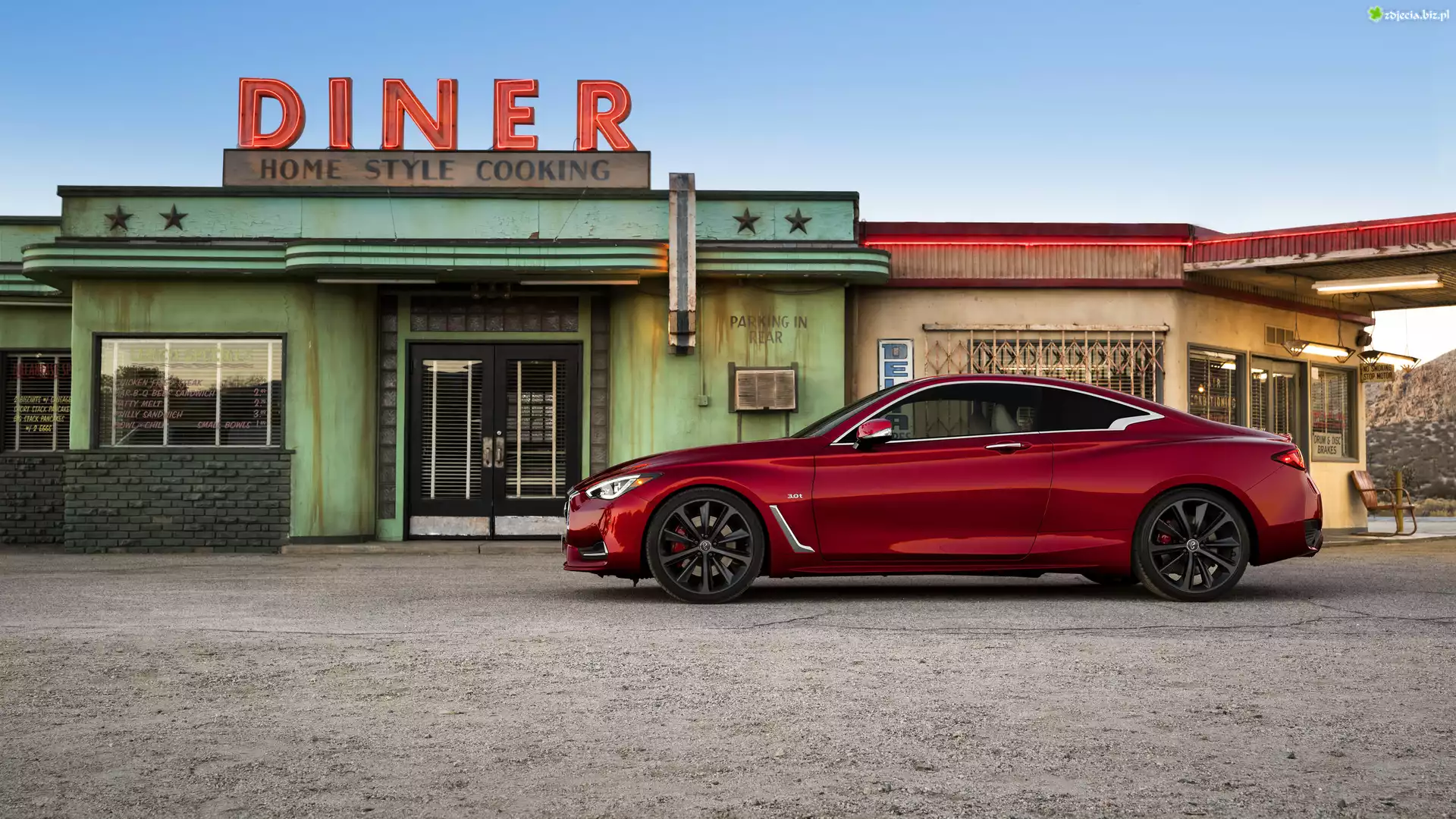 Czerwony, Infiniti Q60, 2016, Przydrożny, Bar
