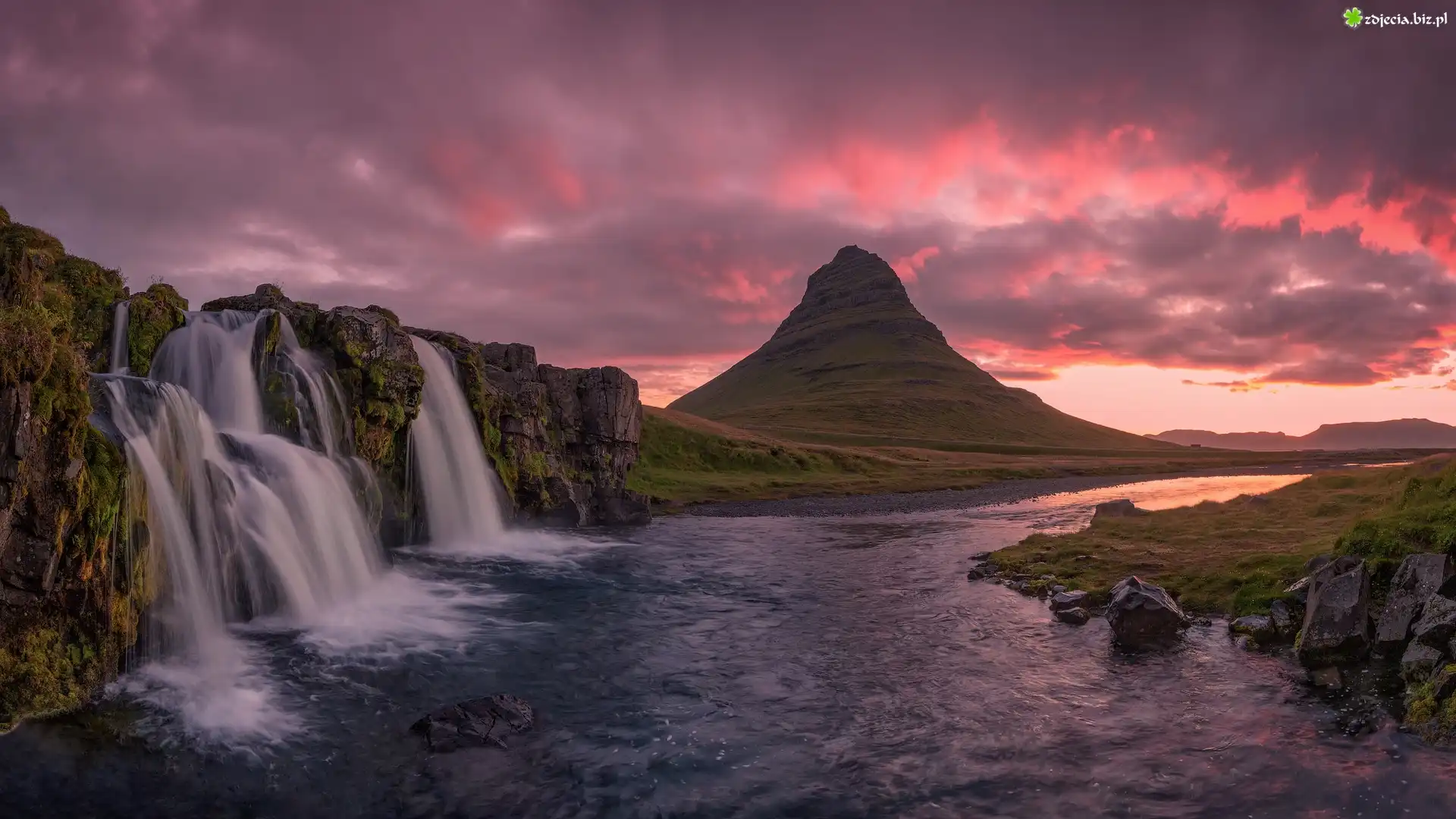 Wodospad Kirkjufellsfoss, Skała, Góra Kirkjufell, Rzeka, Wschód słońca, Islandia