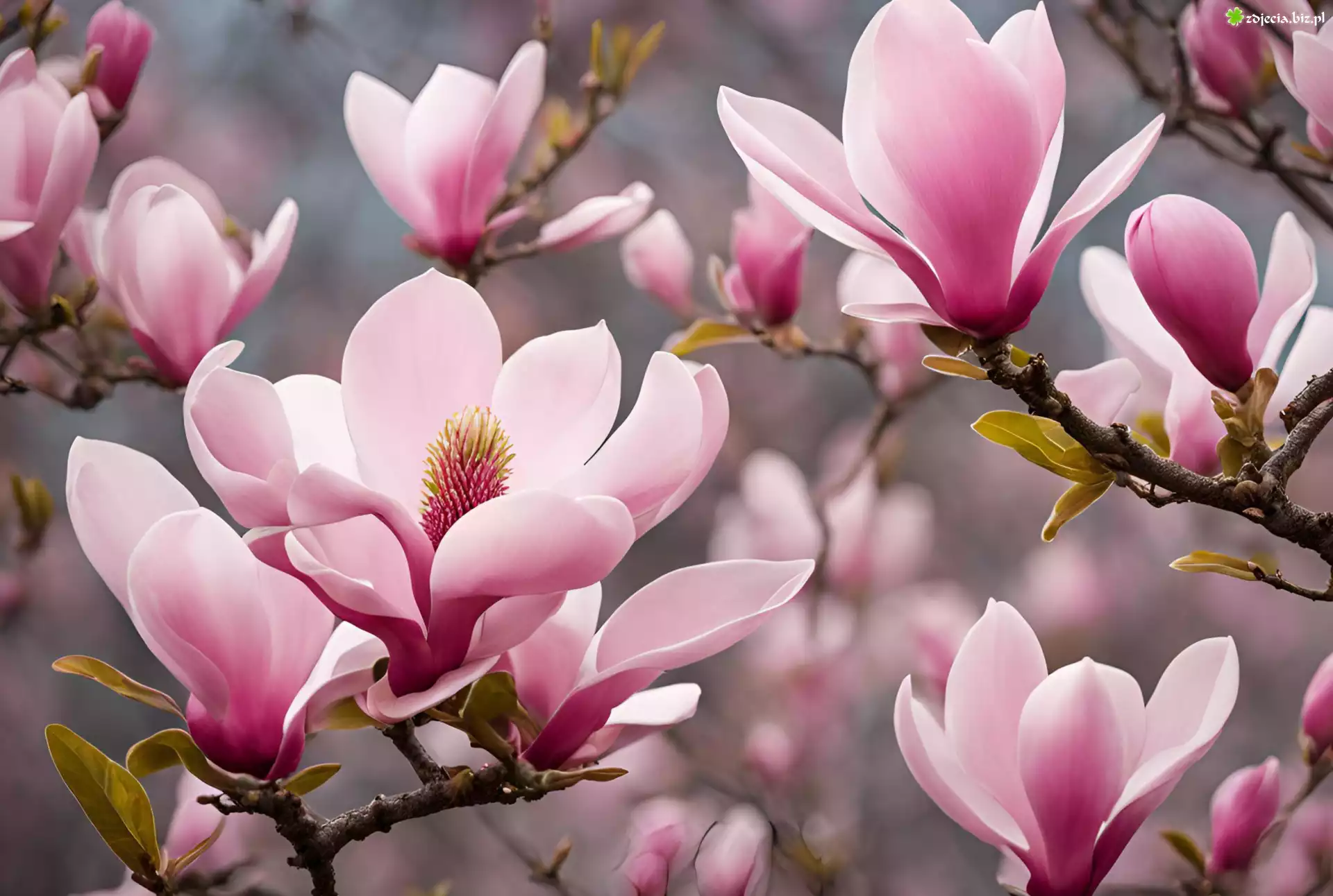Gałązki, Jasnoróżowe, Kwiaty, Listki, Magnolia