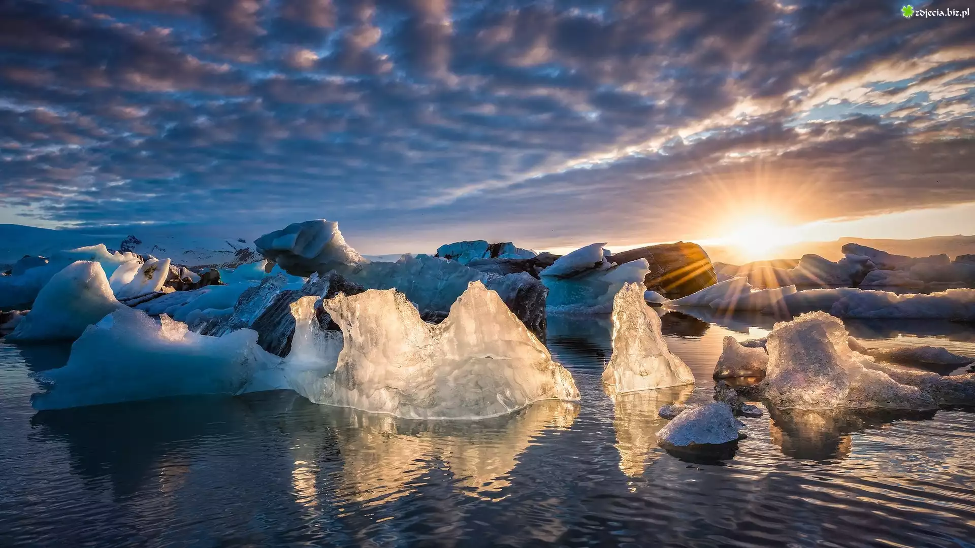 Islandia, Jezioro Jökulsárlón, Lód, Promienie Słońca