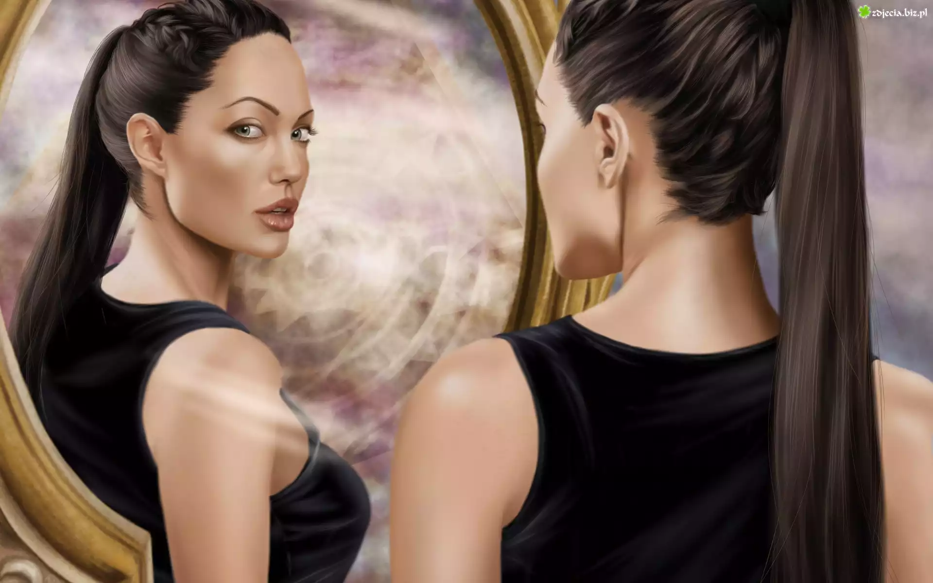 Angelina Jolie, Lustro, Twarz, Tomb Raider, Lara Croft