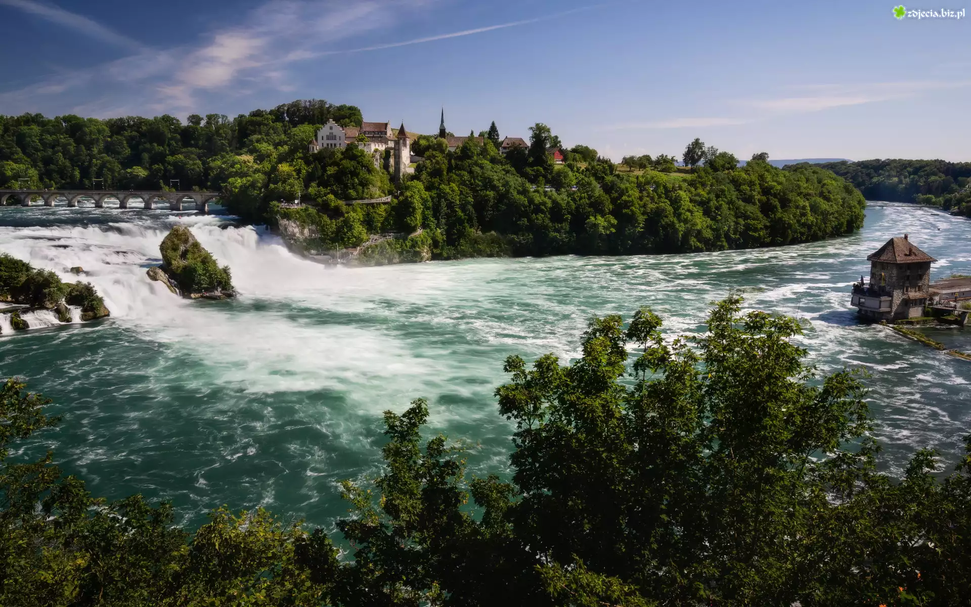 Wodospad Rheinfall, Rzeka Ren, Zamek Laufen, Neuhausen am Rheinfall, Kanton Szafuza, Szwajcaria