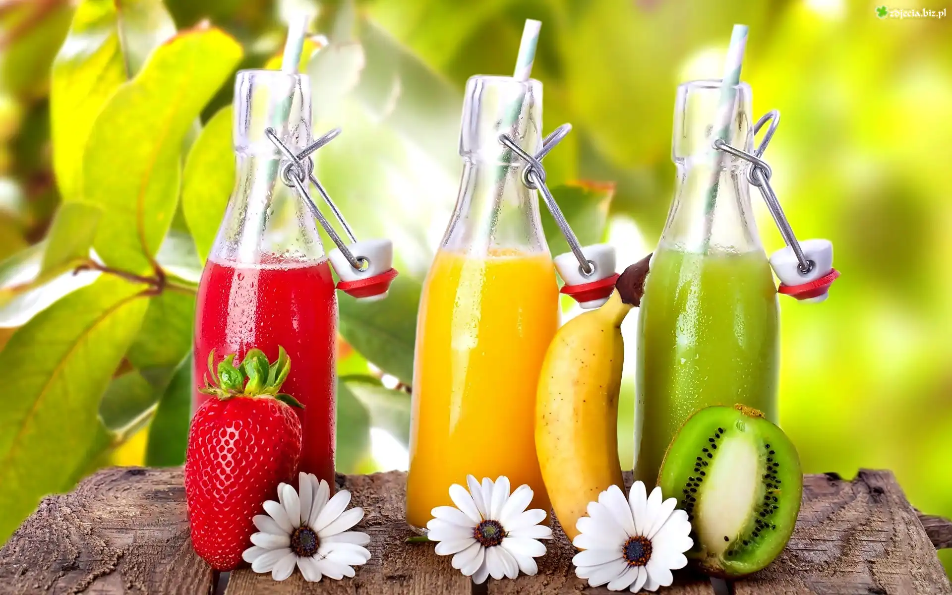 Kiwi, Banan, Truskawka, Butelki, Sok, Kwiaty