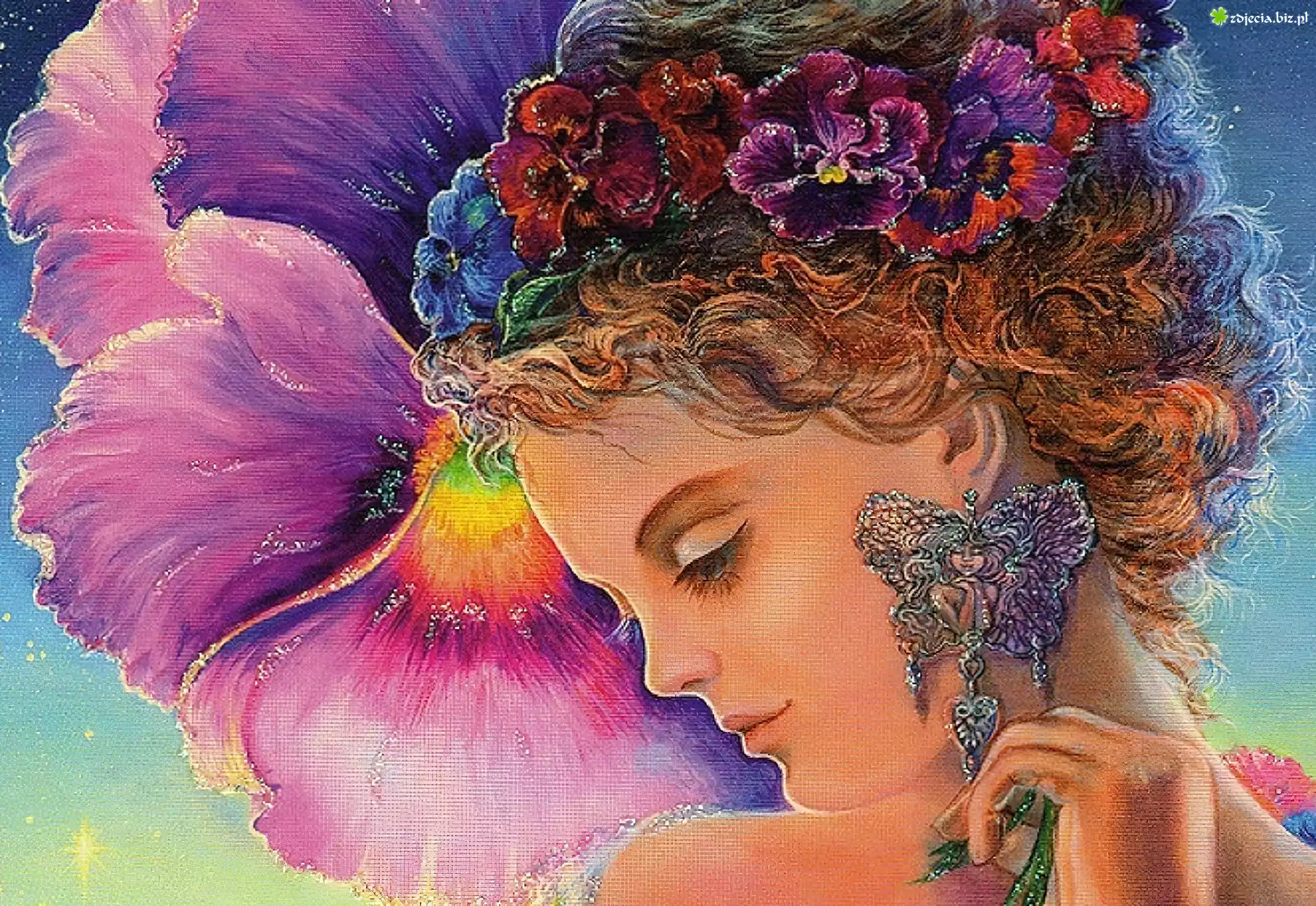 Kobieta, Kolczyk, Kwiaty, Josephine Wall