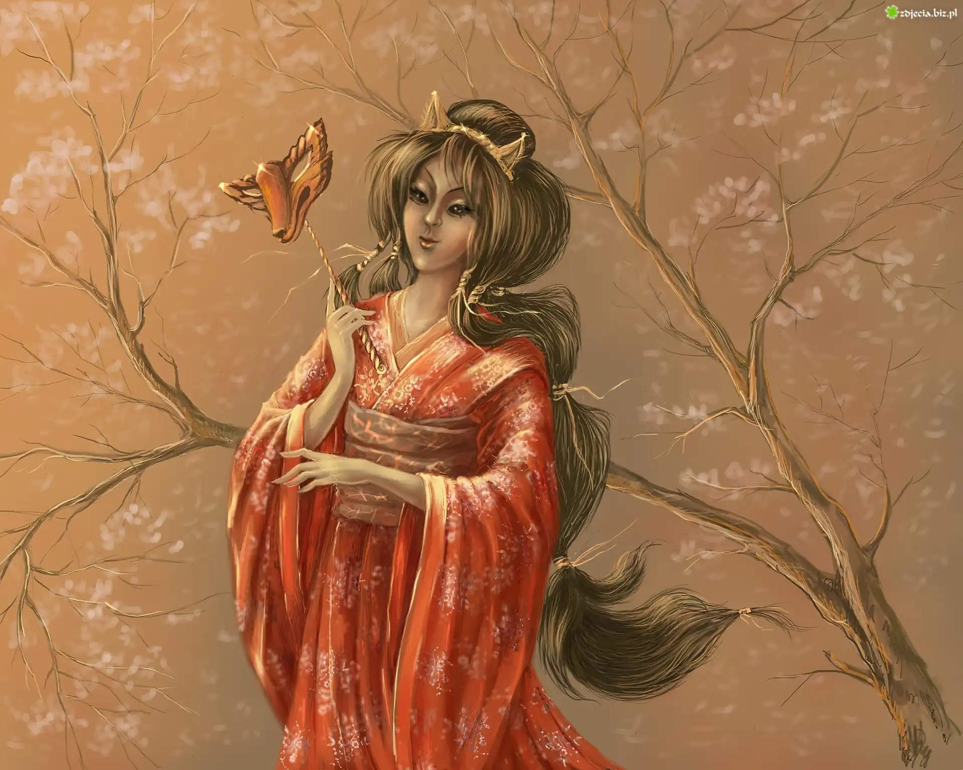 Kobieta, Maska, Kimono, Drzewo