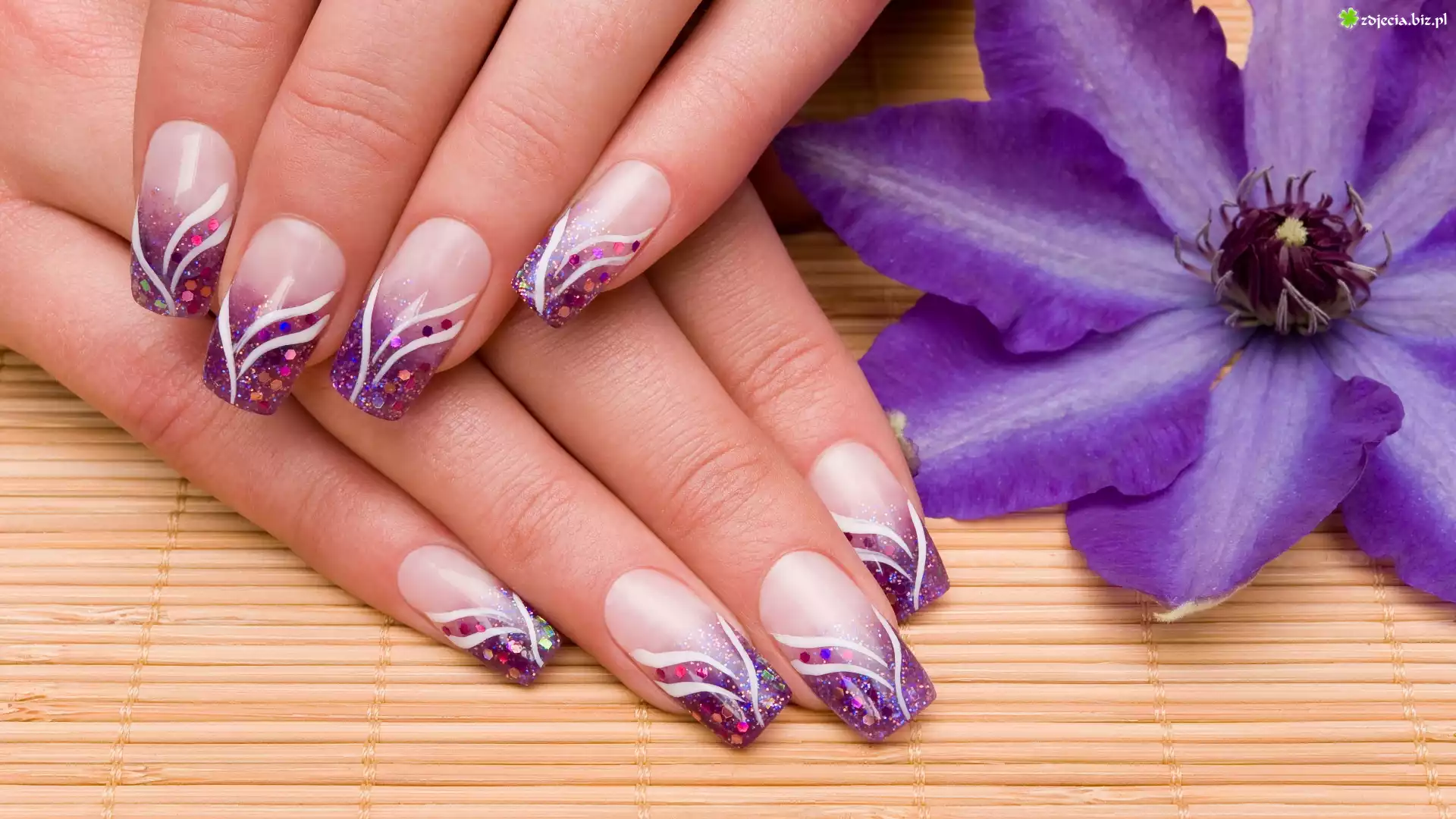 Kobieta, Paznokcie, Manicure, Fioletowy, Kwiat, Powojnik