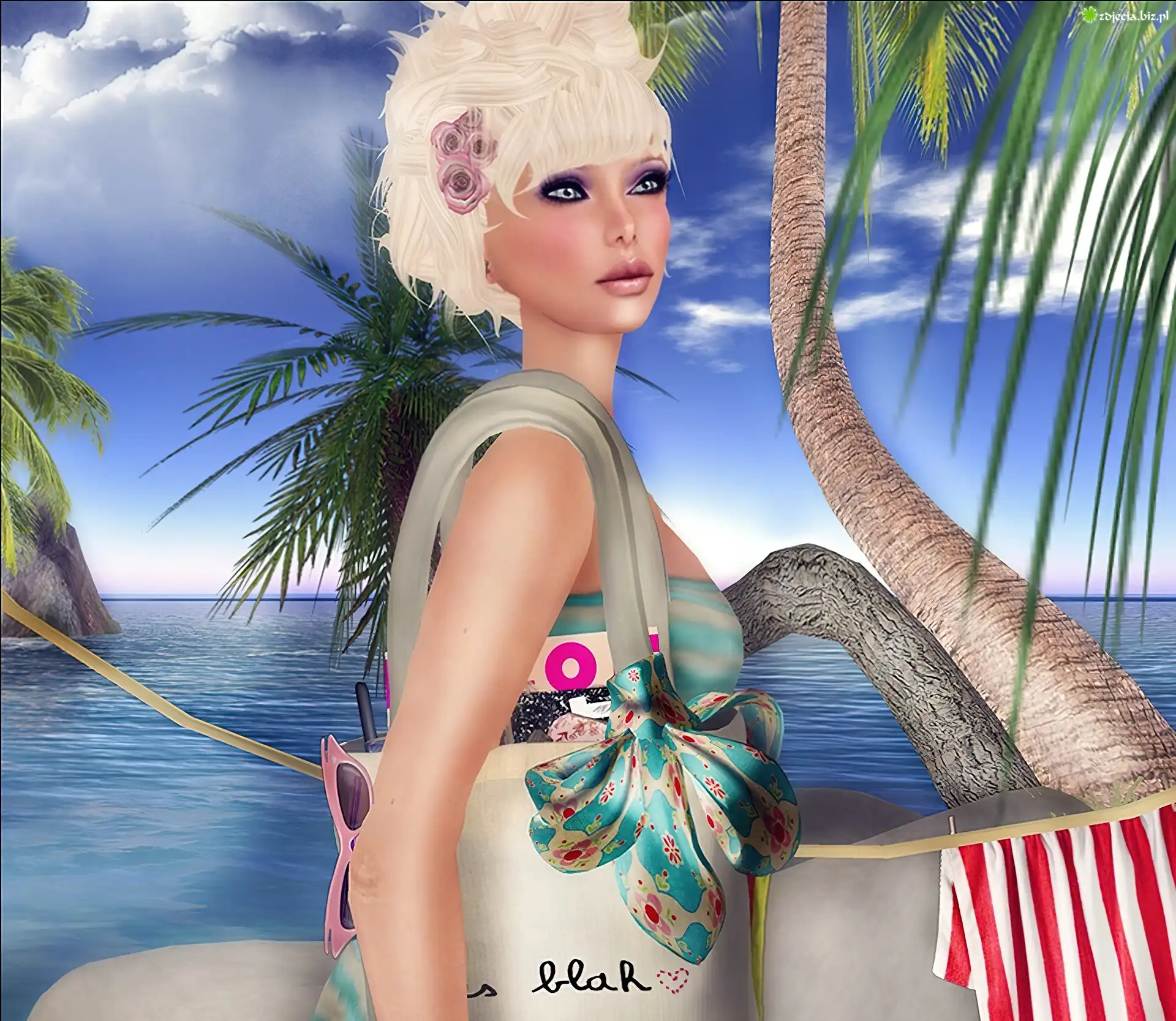 Kobieta, Blondynka, Plaża, Grafika