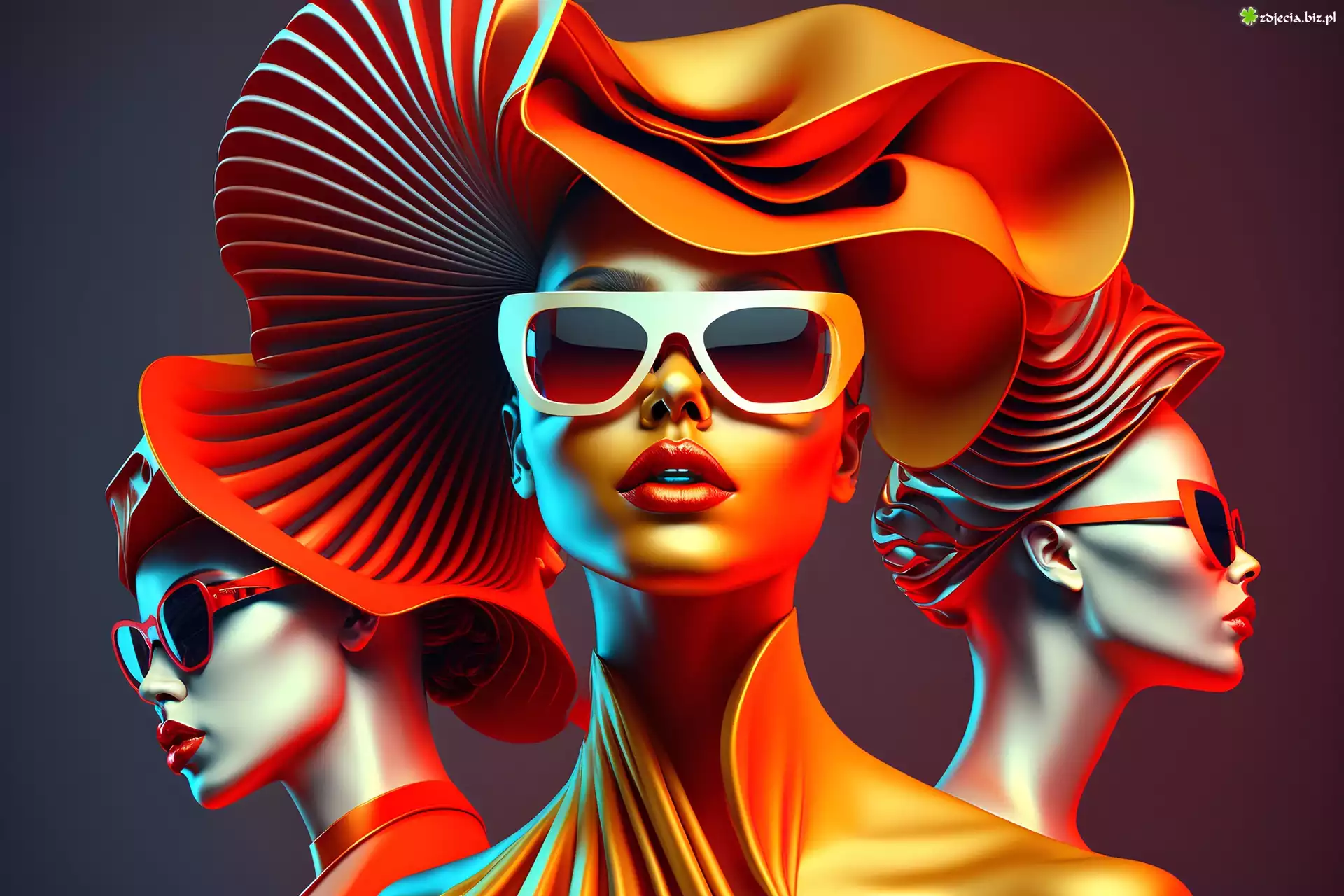 Trzy, Kobiety, Kapelusze, Okulary, Grafika