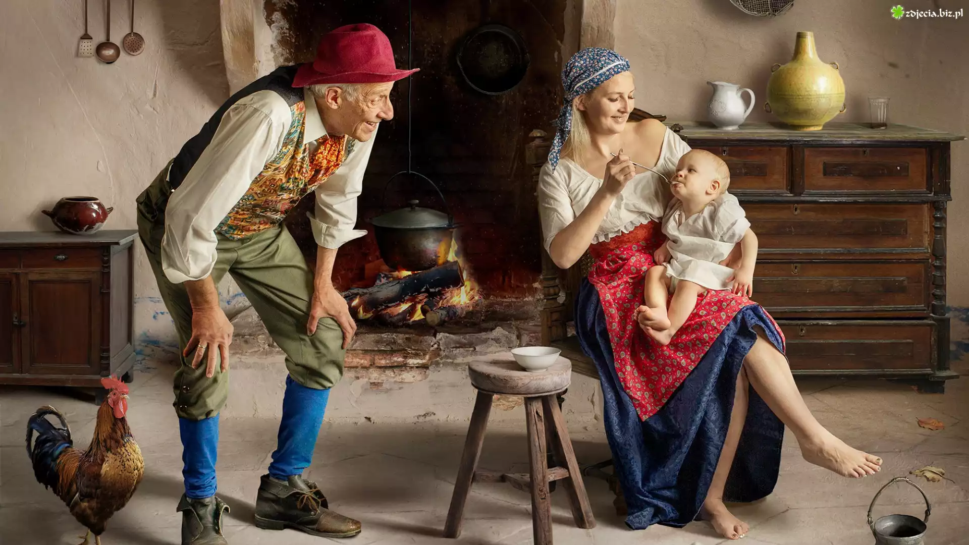 Ludzie, Kobieta, Mężczyzna, Dziadek, Mama, Dziecko, Niemowlę, Izba, Kogut