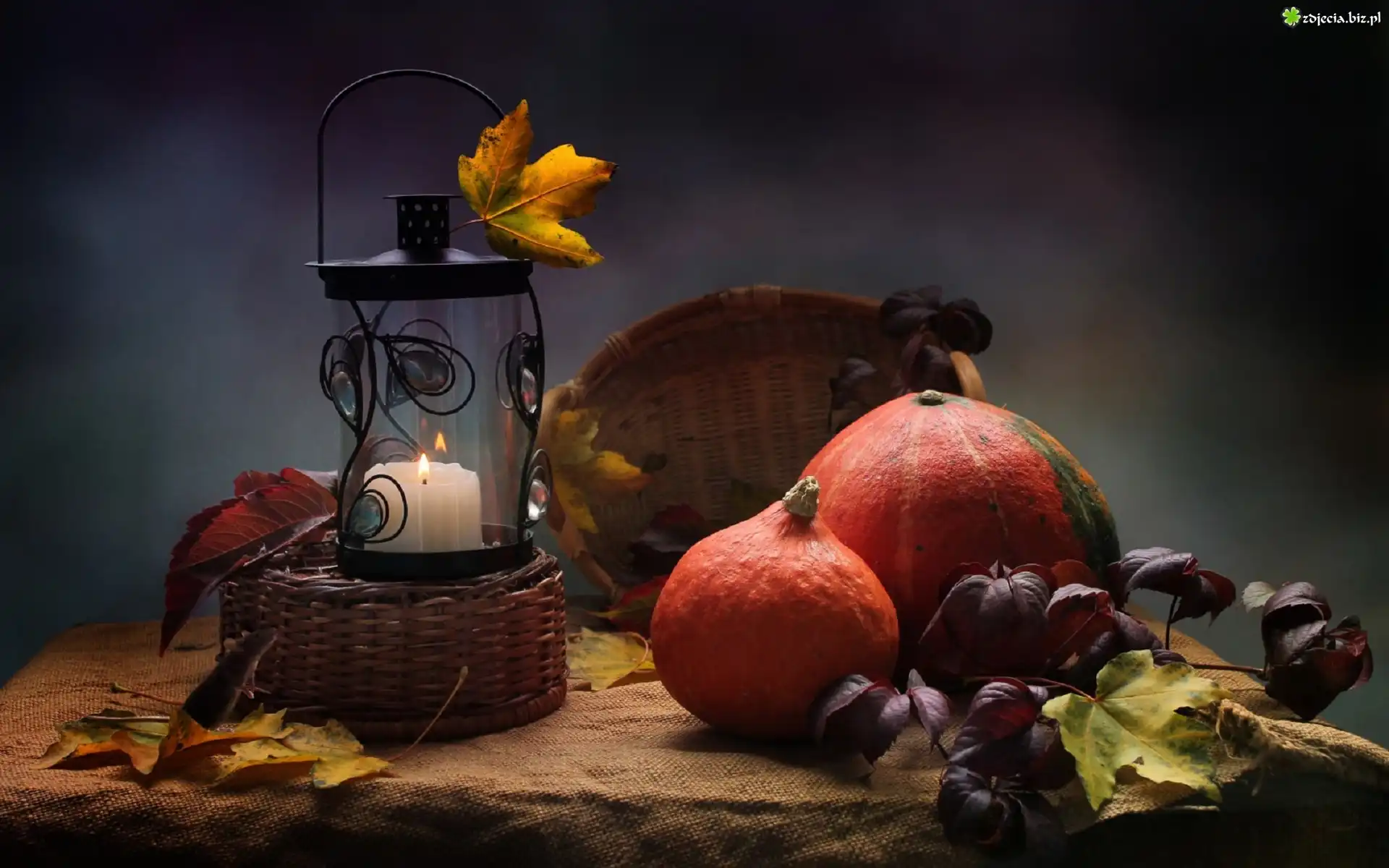 Kompozycja, Lampion, Świeczka, Dynie, Liście
