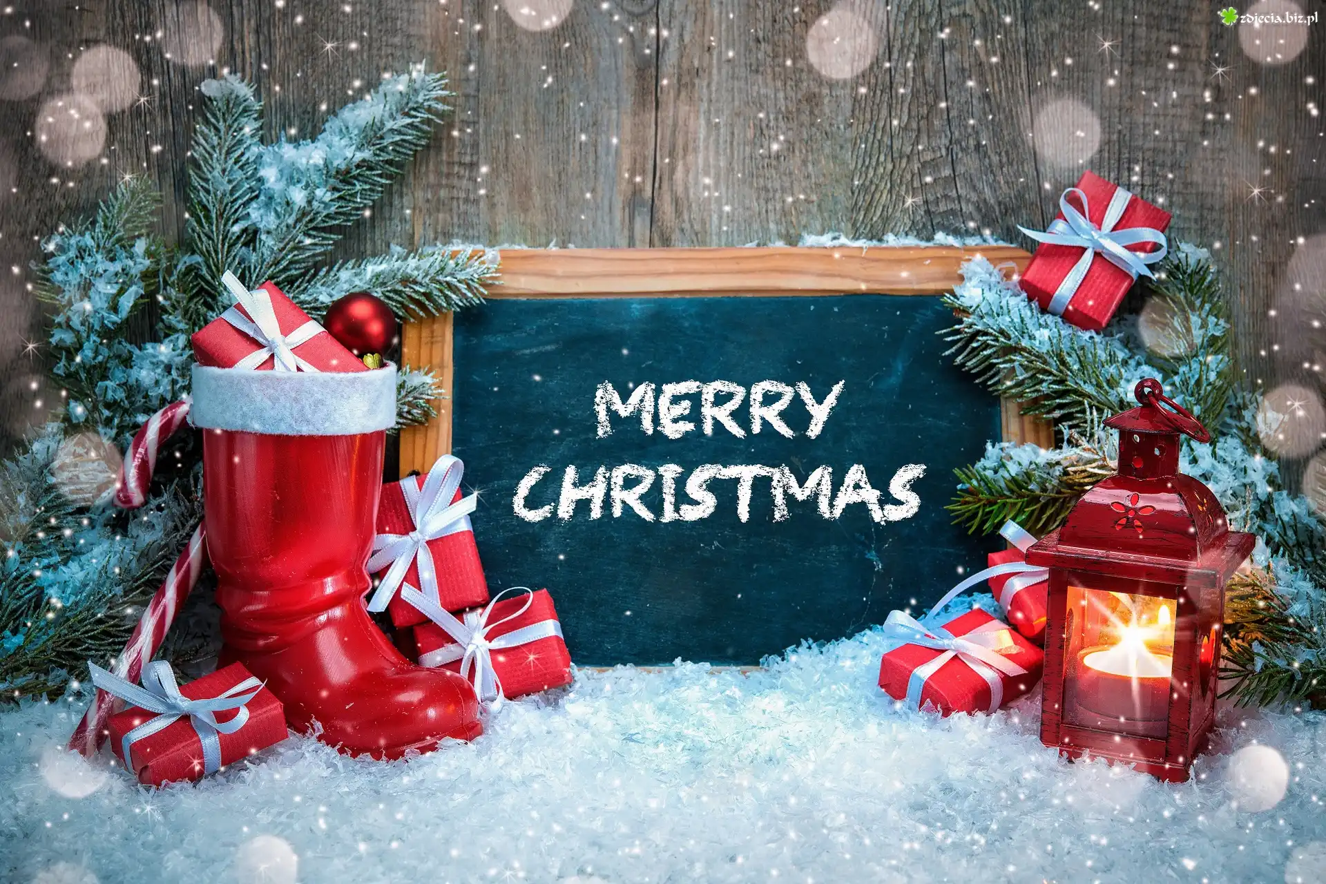 Kompozycja, Boże Narodzenie, Śnieg, Gałązki, Świerka, But, Prezenty, Lampion, Tablica, Napis, Merry Christmas